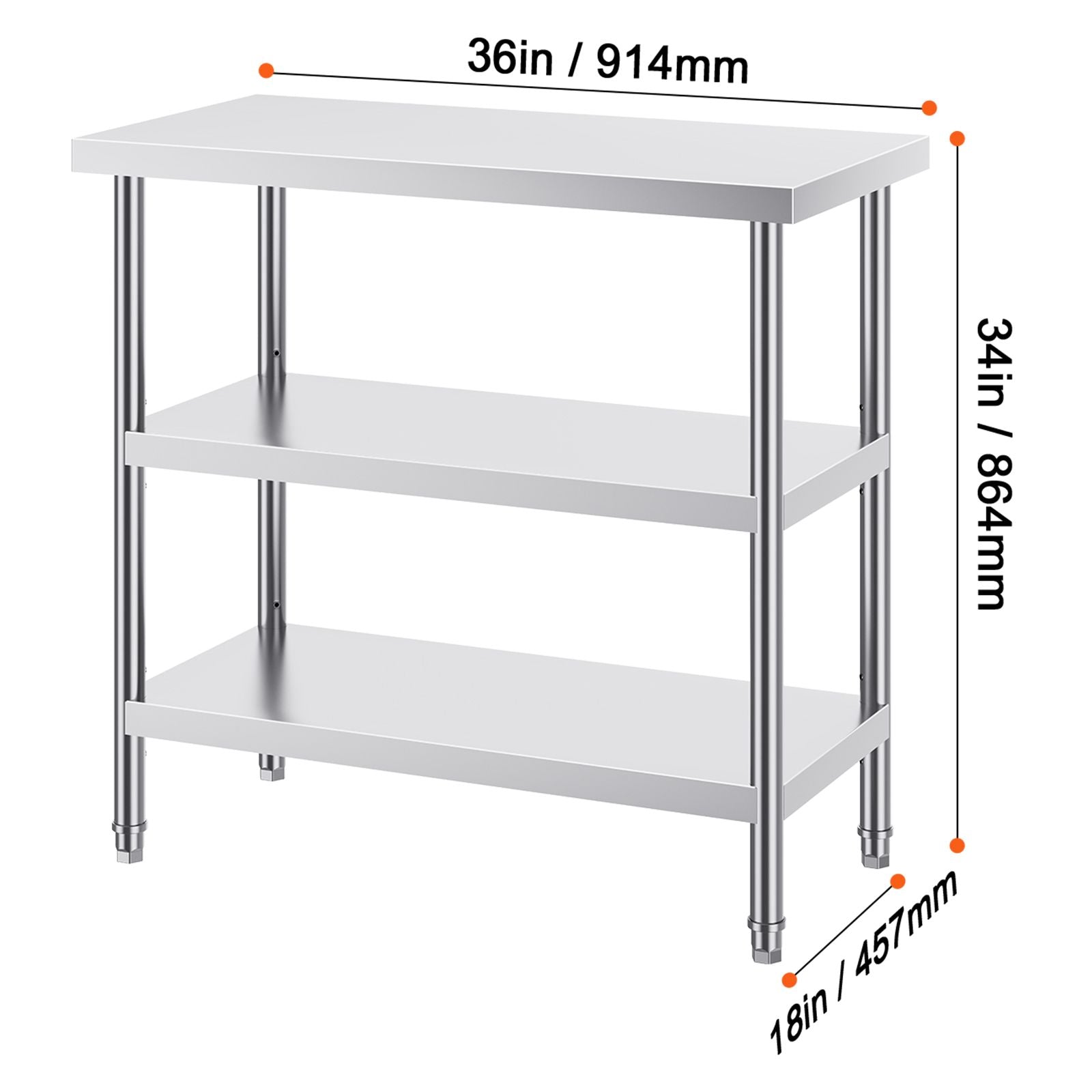 Stainless Steel Food Prep Table, 18 x 36 x 34 Inch Commercial Kitchen Worktable, with 2 Adjustable Undershelf, Heavy Duty Prep Table Metal Work Table for BBQ, Kitchen, Home, and Garage