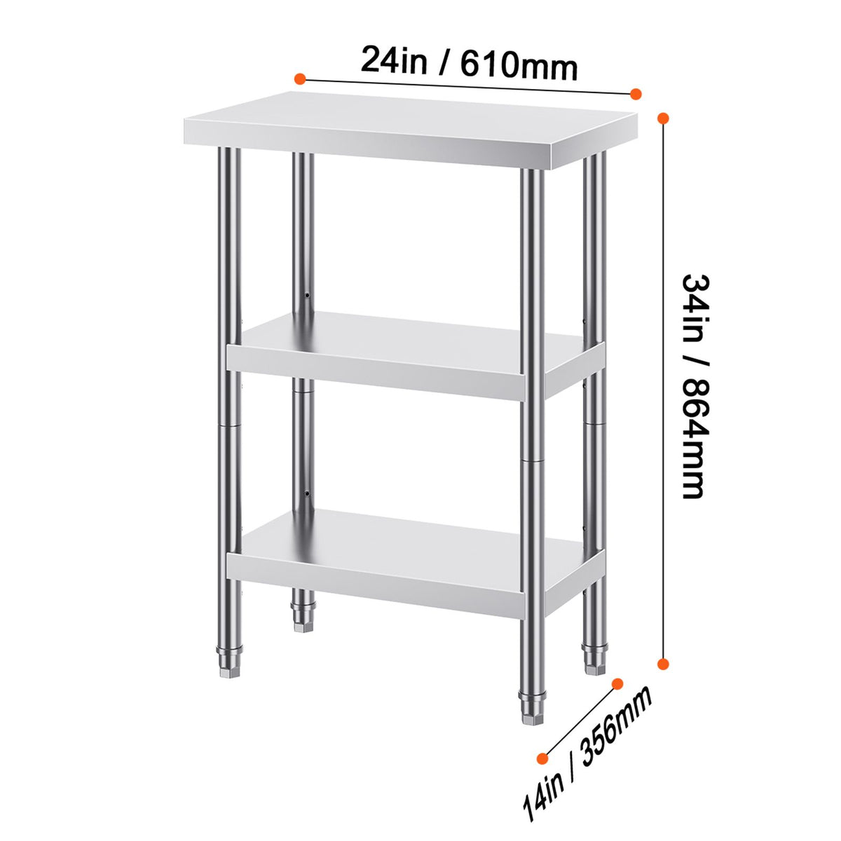 Stainless Steel Food Prep Table, 14 x 24 x 34 Inch Commercial Kitchen Worktable, with 2 Adjustable Undershelf, Heavy Duty Prep Table Metal Work Table for BBQ, Kitchen, Home, and Garage