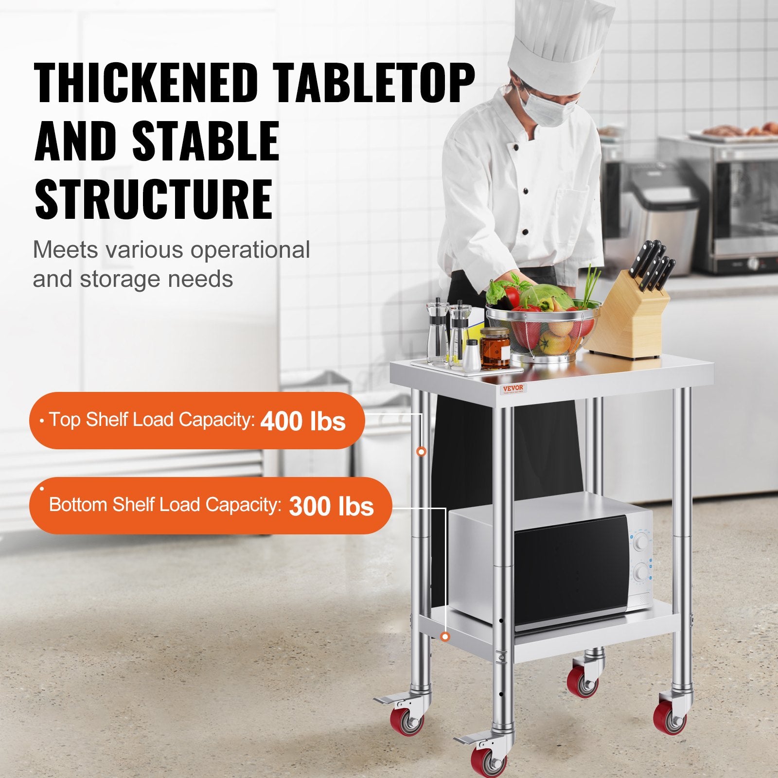 24x18x34 Inch Stainless Steel Work Table 3-Stage Adjustable Shelf with 4 Wheels Heavy Duty Commercial Food Prep Worktable with Brake for Kitchen Prep Work