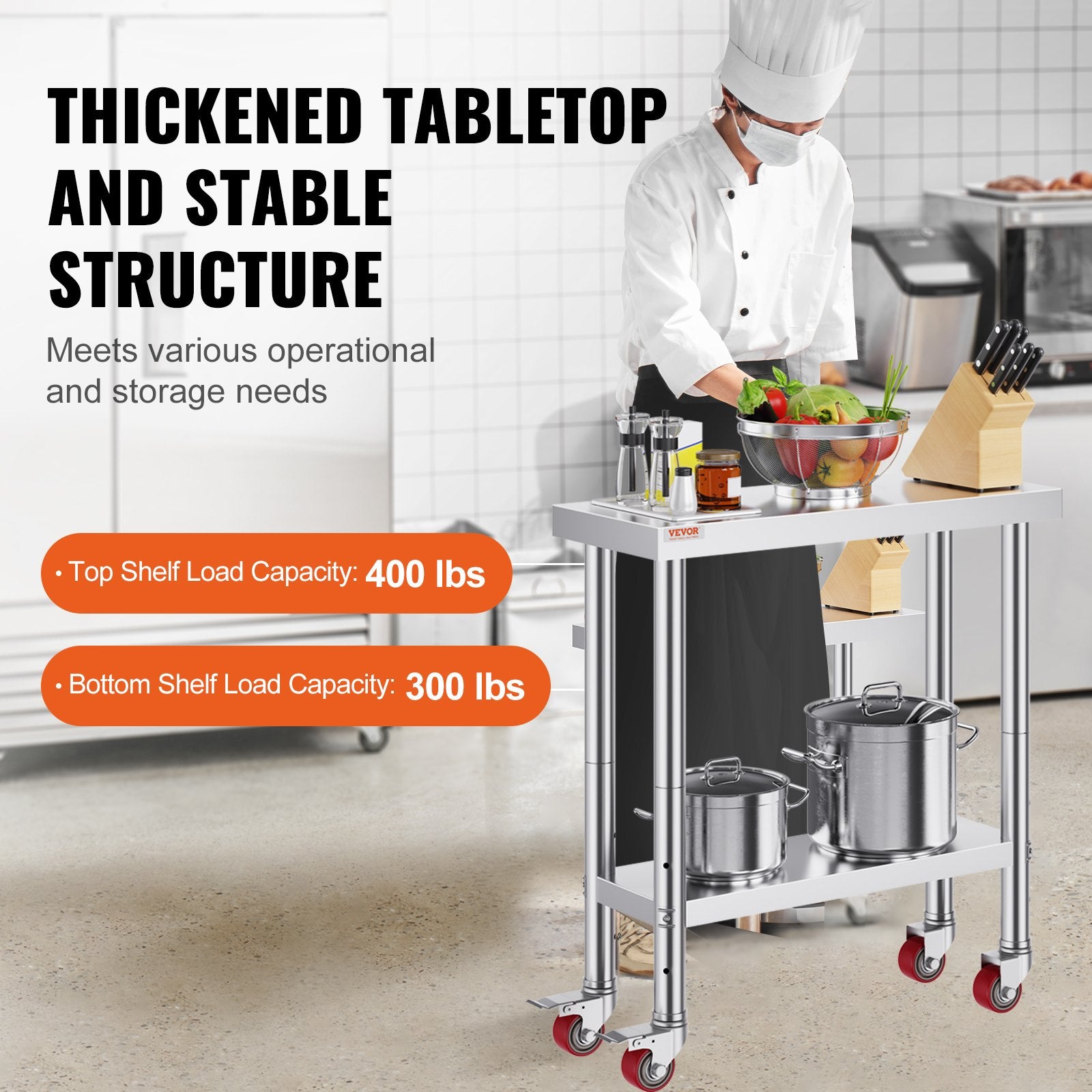 30x12x34 Inch Stainless Steel Work Table 3-Stage Adjustable Shelf with 4 Wheels Heavy Duty Commercial Food Prep Worktable with Brake for Kitchen Prep Work