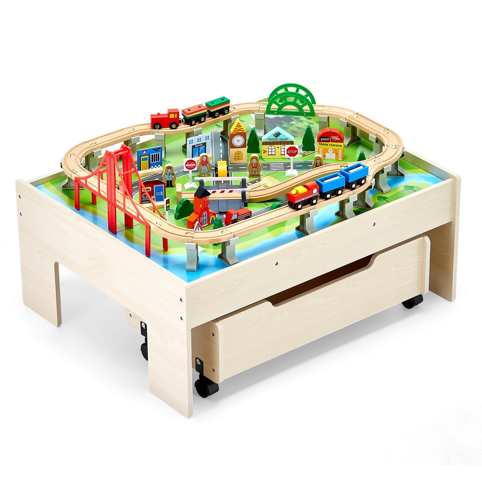 Train Table 100 PCS Wooden Kids Activity Table with Rolling Storage Drawer