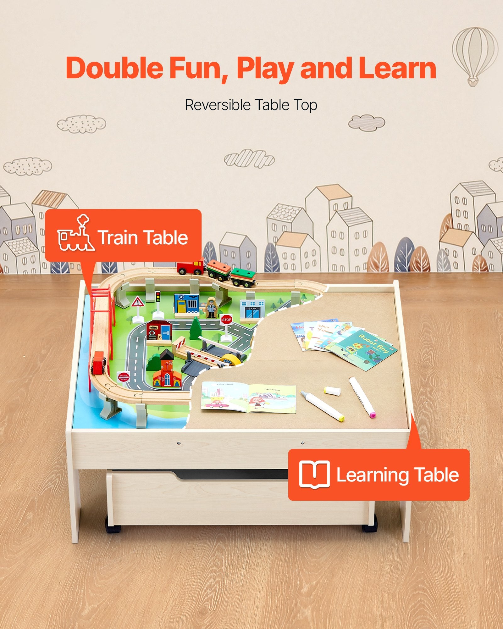 Train Table 100 PCS Wooden Kids Activity Table with Rolling Storage Drawer