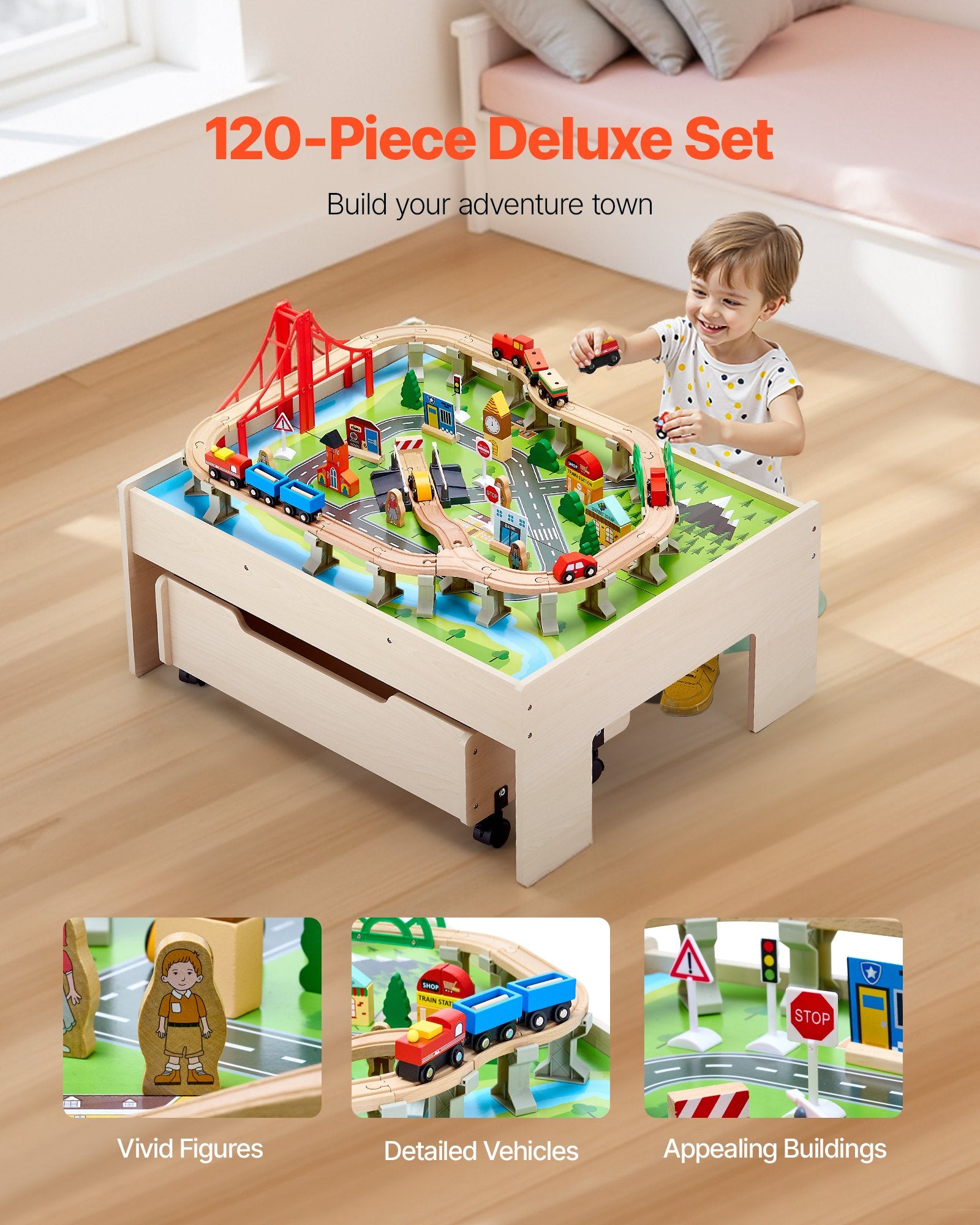 Train Table 100 PCS Wooden Kids Activity Table with Rolling Storage Drawer