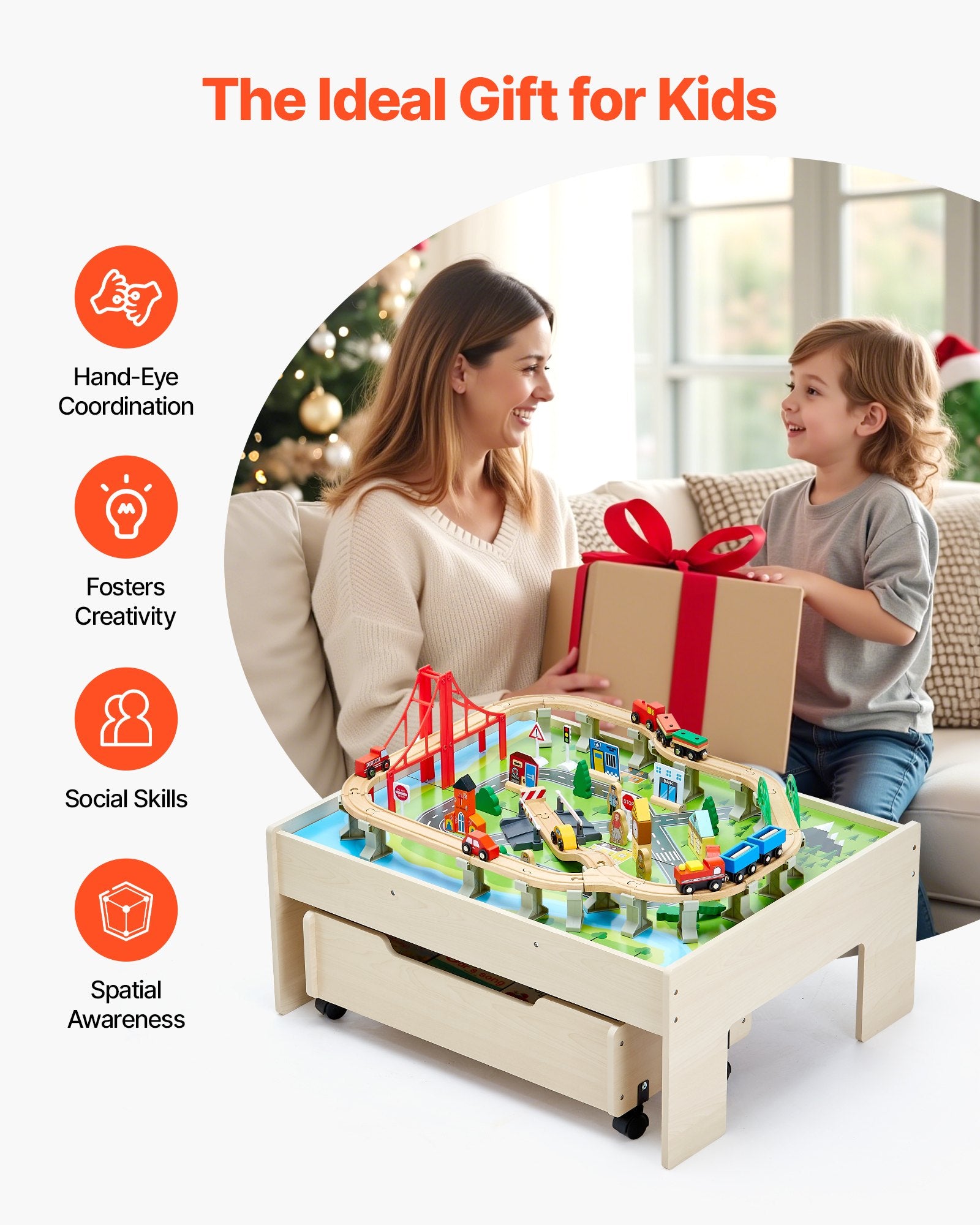 Train Table 100 PCS Wooden Kids Activity Table with Rolling Storage Drawer