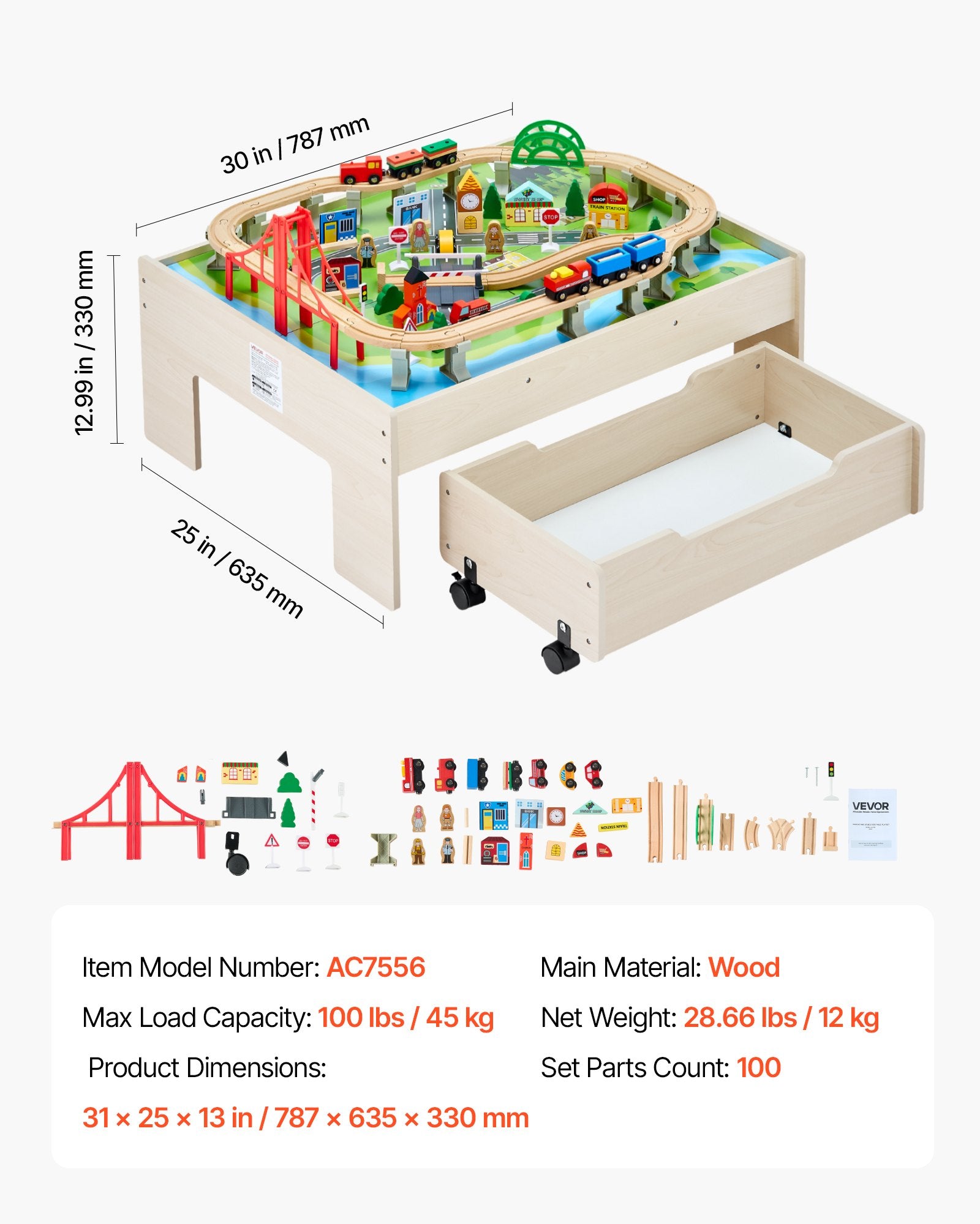 Train Table 100 PCS Wooden Kids Activity Table with Rolling Storage Drawer