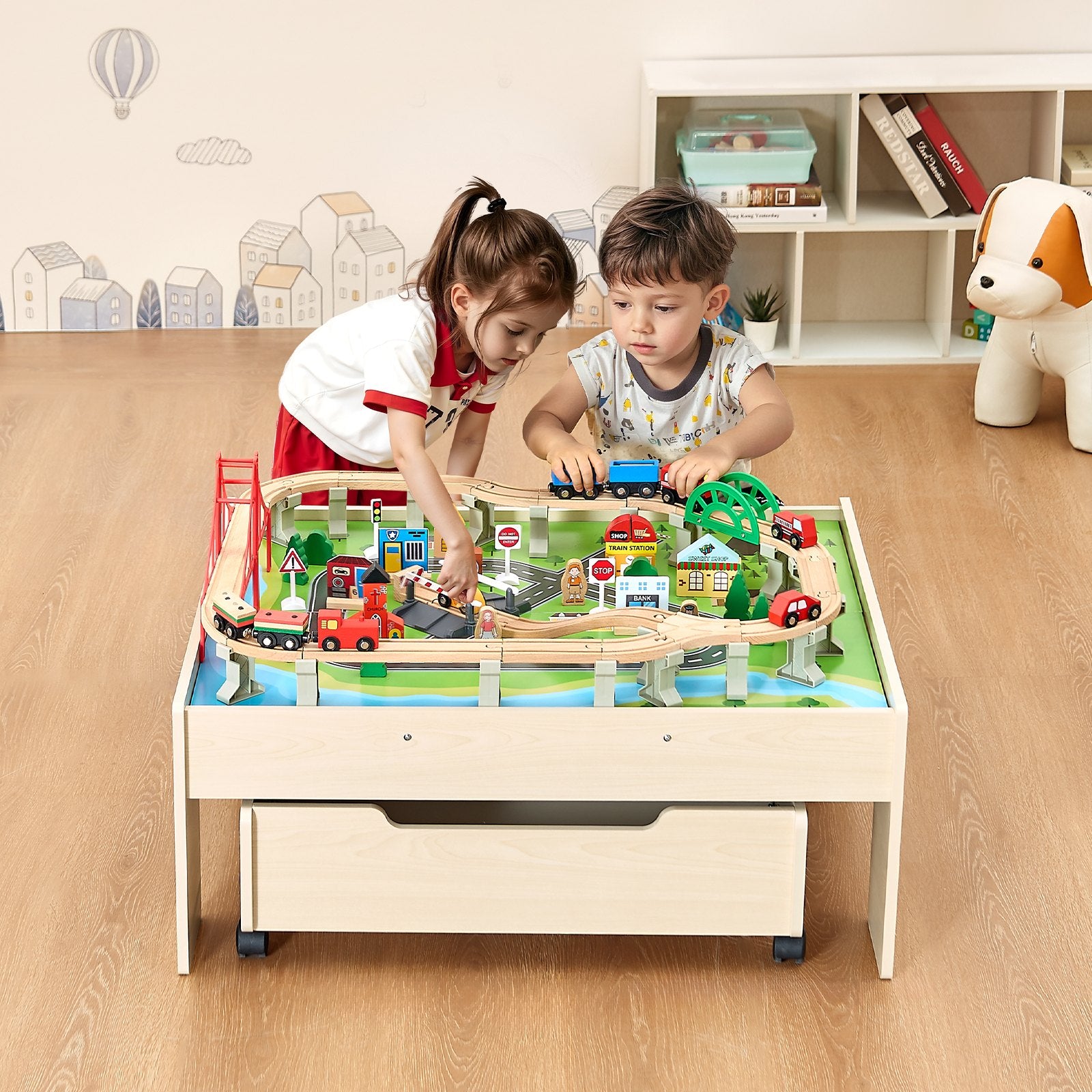 Train Table 100 PCS Wooden Kids Activity Table with Rolling Storage Drawer