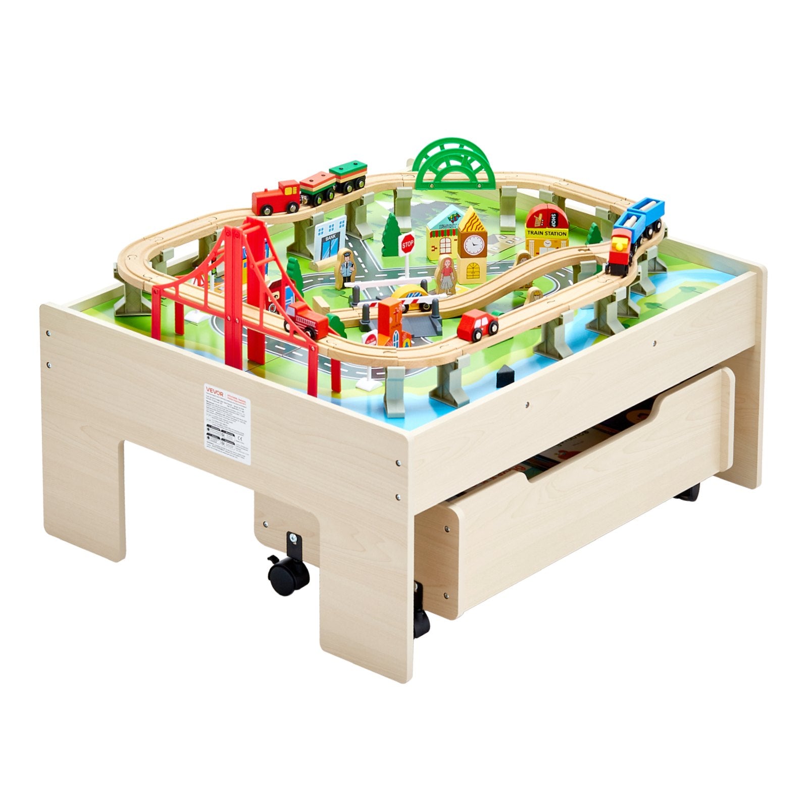 Train Table 100 PCS Wooden Kids Activity Table with Rolling Storage Drawer