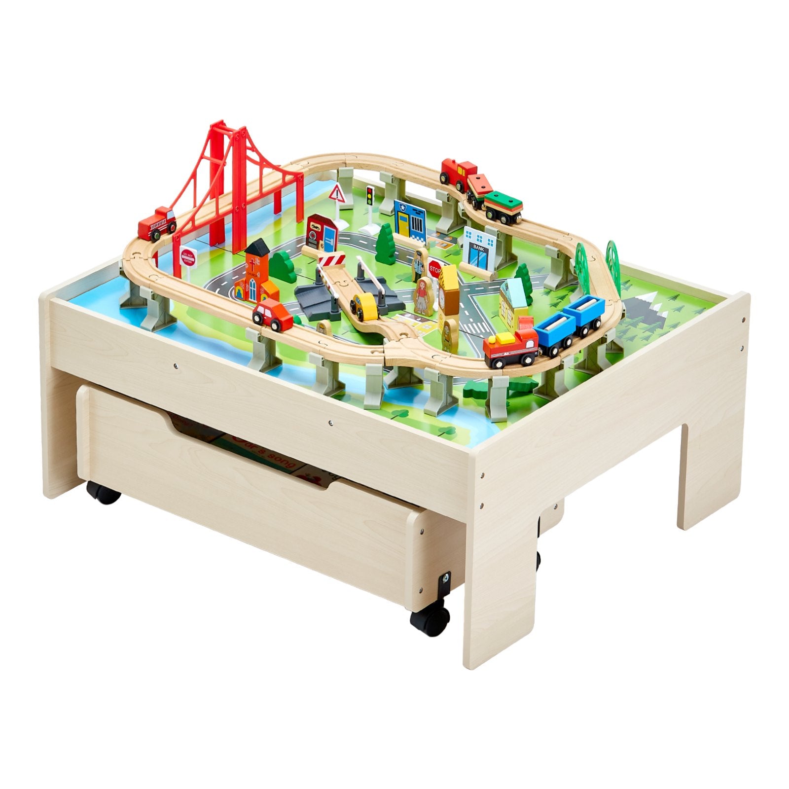 Train Table 100 PCS Wooden Kids Activity Table with Rolling Storage Drawer