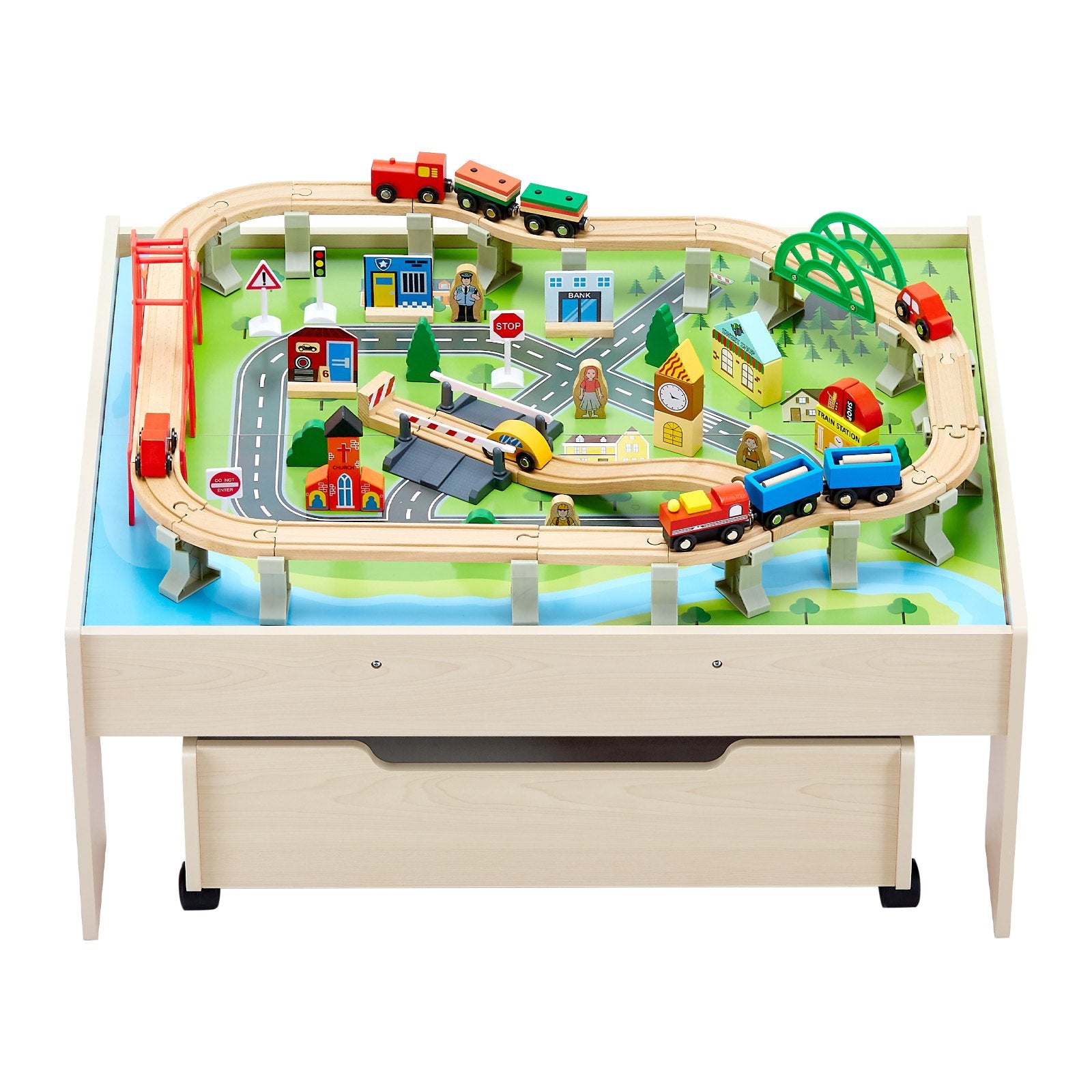 Train Table 100 PCS Wooden Kids Activity Table with Rolling Storage Drawer