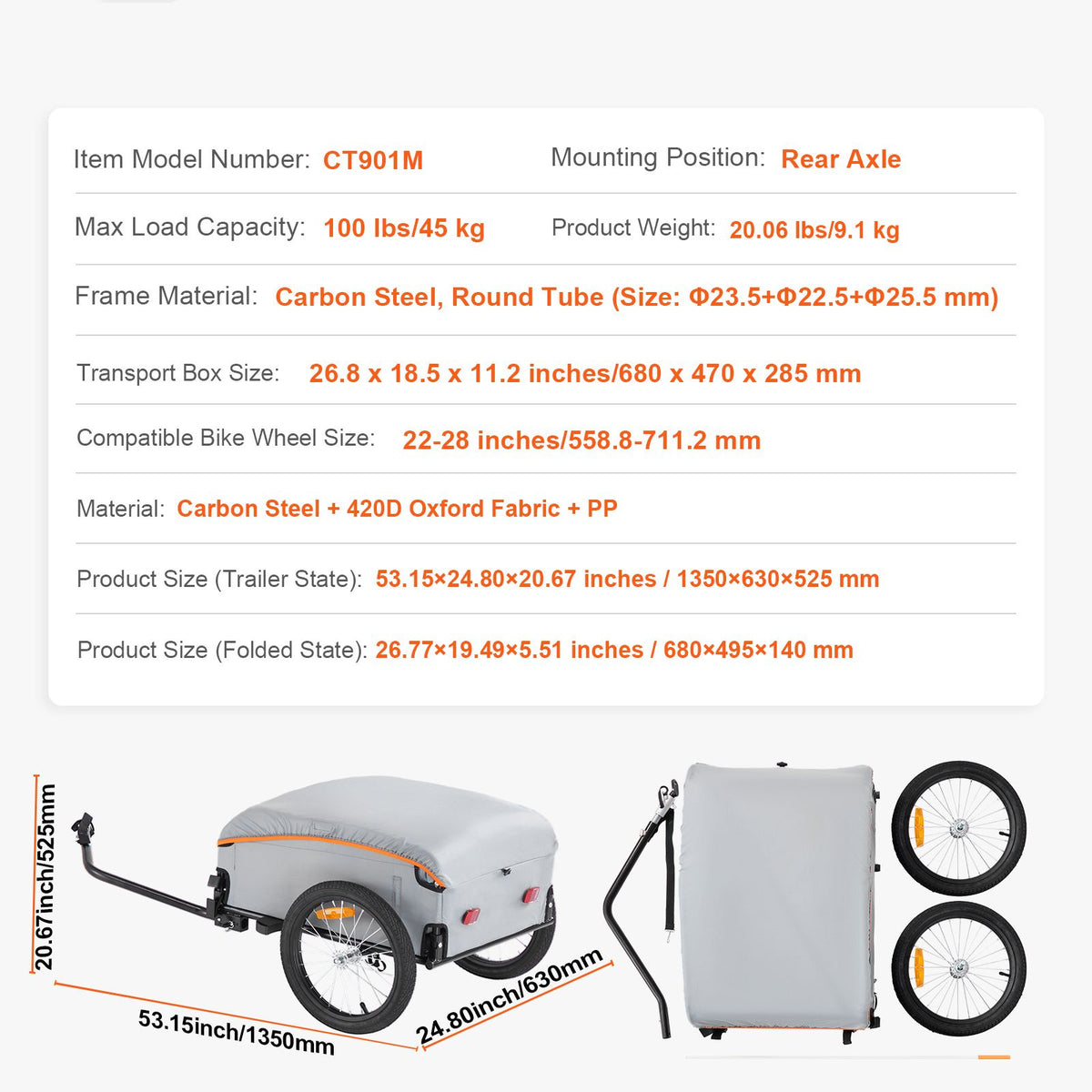 Bike Cargo Trailer 45kg Heavy Duty Foldable Bicycle Wagon Cart Universal Hitch