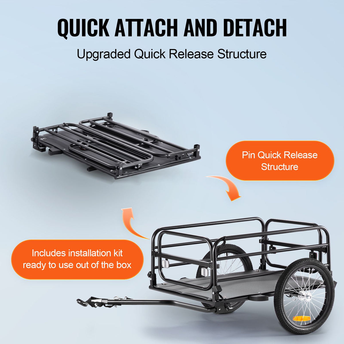 Bike Cargo Trailer 72.5kg Heavy Duty Foldable Bicycle Wagon Quick Release Hitch