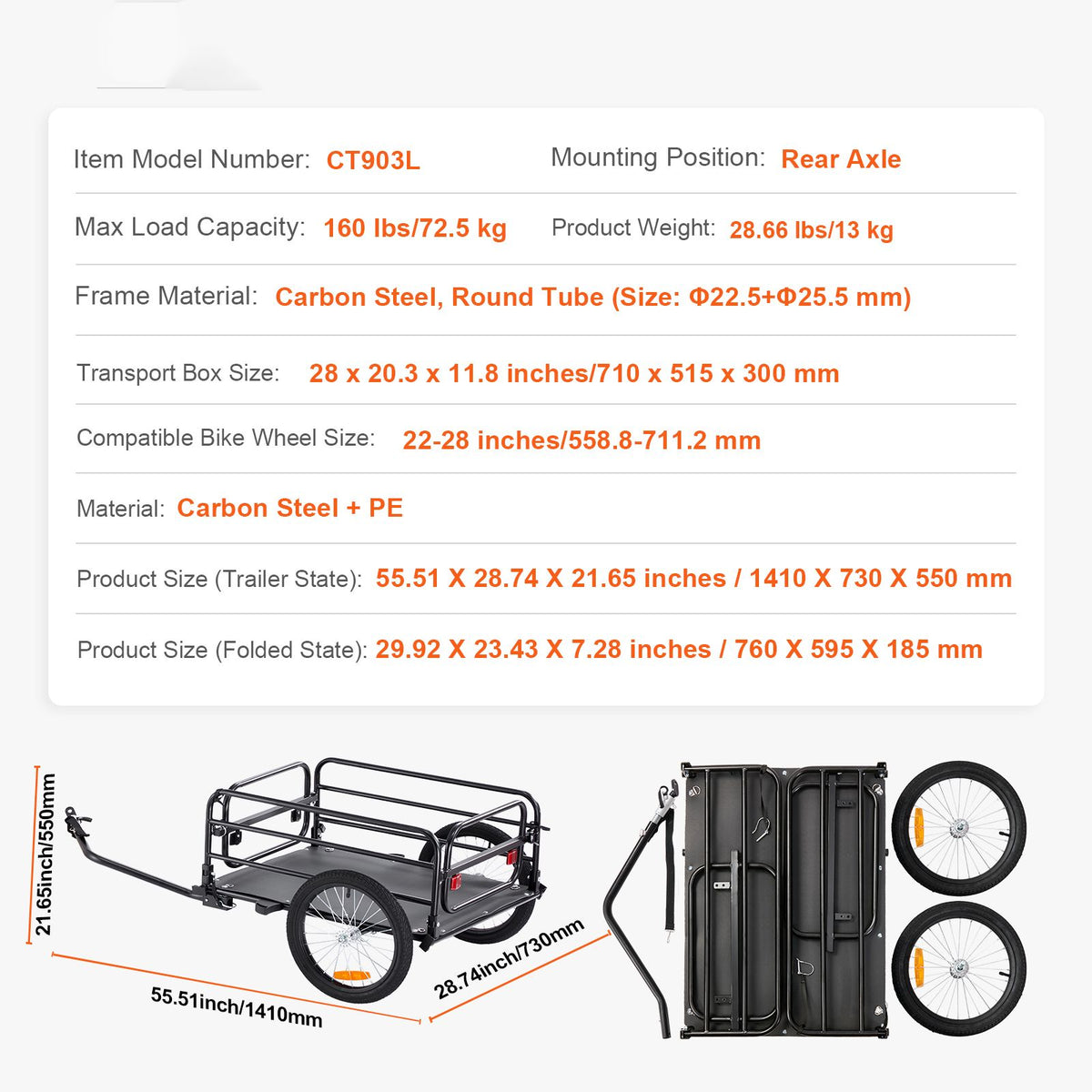 Bike Cargo Trailer 72.5kg Heavy Duty Foldable Bicycle Wagon Quick Release Hitch