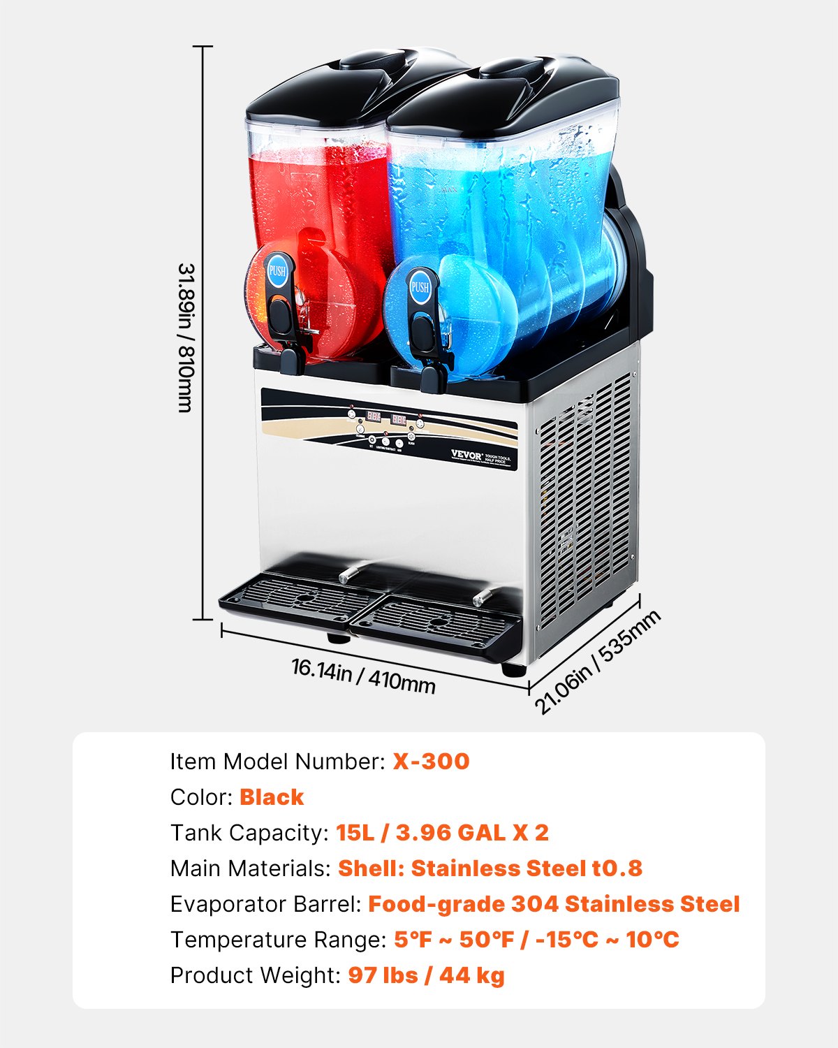 Commercial Frozen Drink Maker, 15Lx2 Double Tank Slushy Machine, 120 Cups Stainless Steel Margarita Smoothie Frozen Drink Machine, Slushie Maker for Home Party Restaurants Cafe Bars