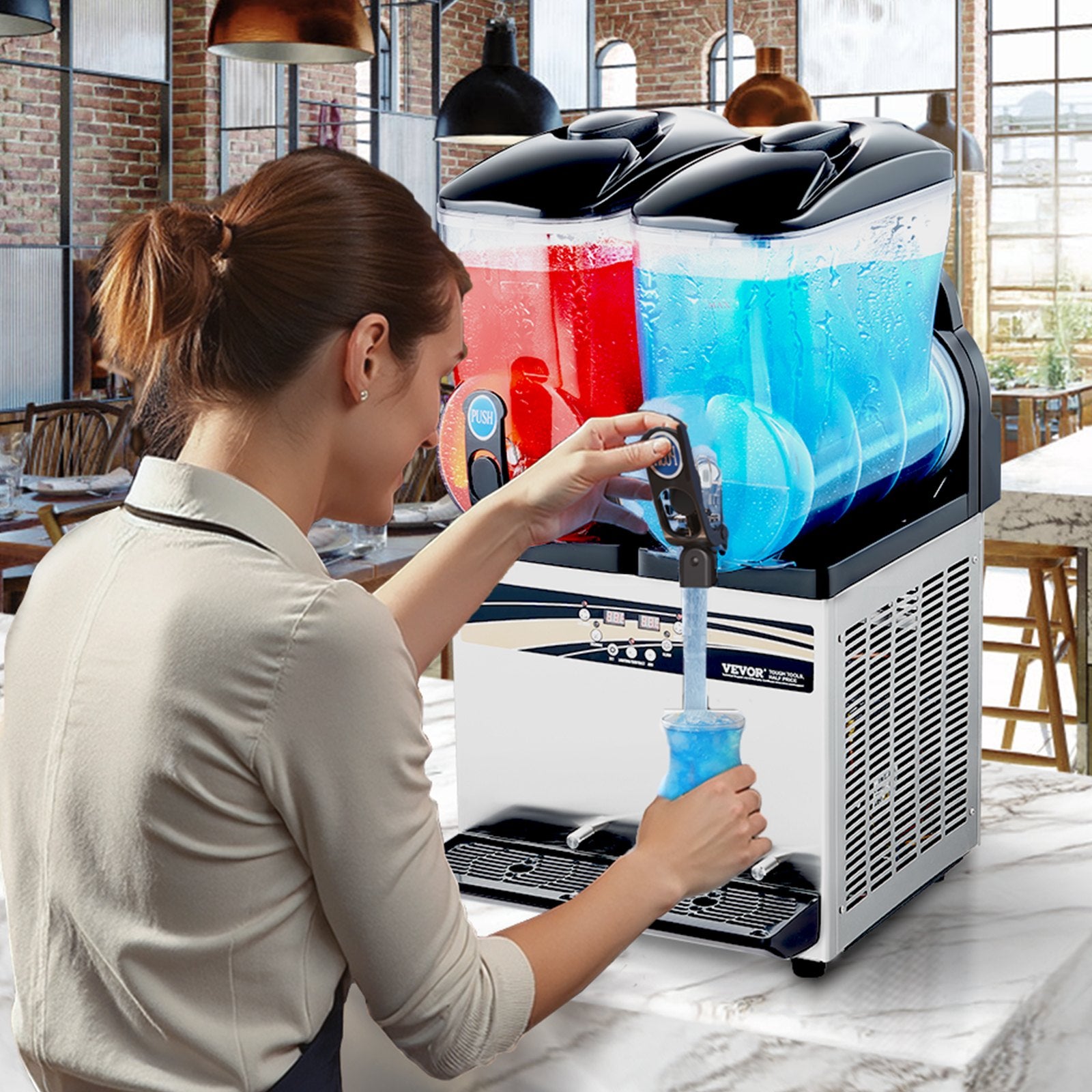 Commercial Frozen Drink Maker, 15Lx2 Double Tank Slushy Machine, 120 Cups Stainless Steel Margarita Smoothie Frozen Drink Machine, Slushie Maker for Home Party Restaurants Cafe Bars