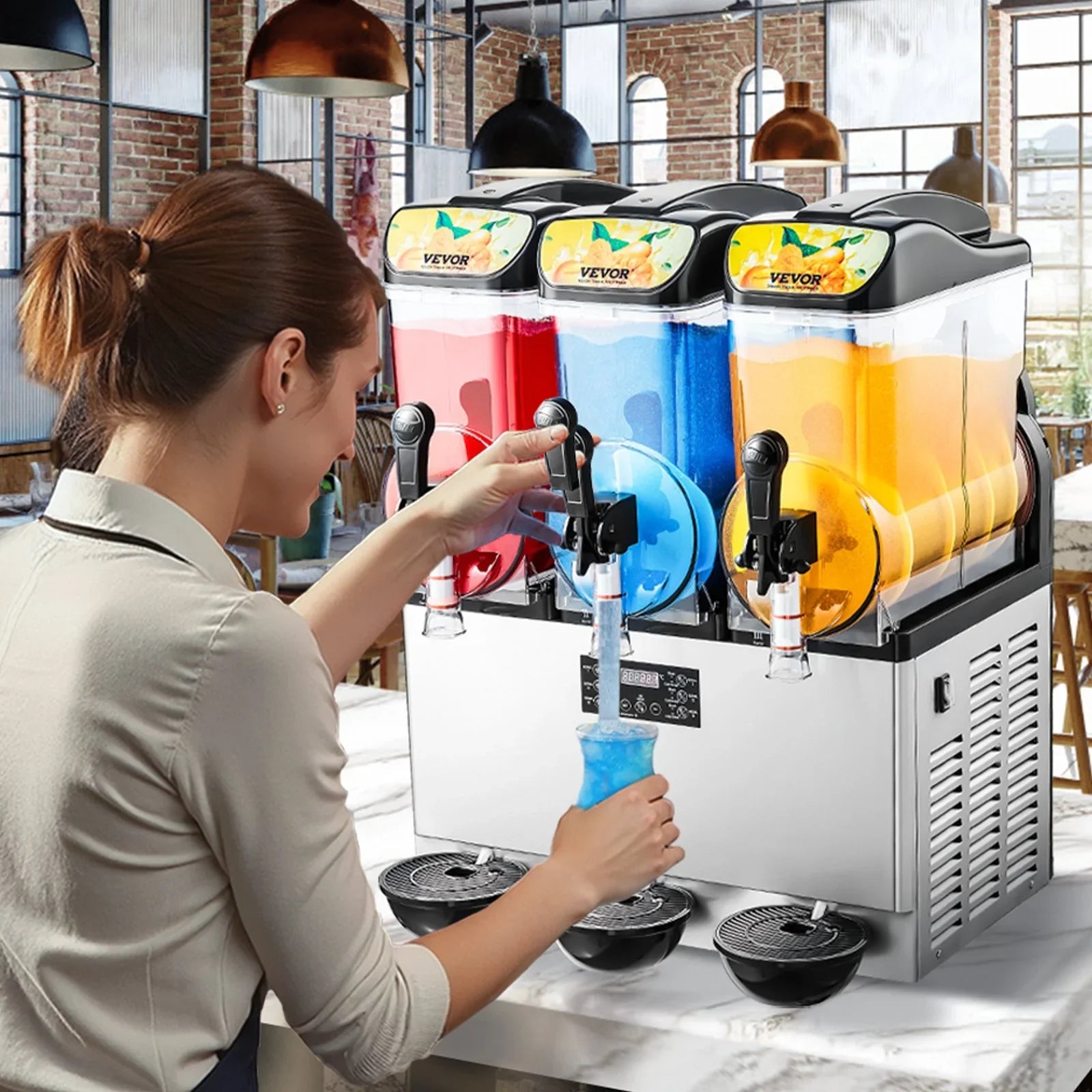 Commercial Frozen Drink Maker, 15Lx3 Triple Tank Slushy Machine, 180 Cups Stainless Steel Margarita Smoothie Frozen Drink Machine, Slushie Maker for Home Party Restaurants Cafe Bars