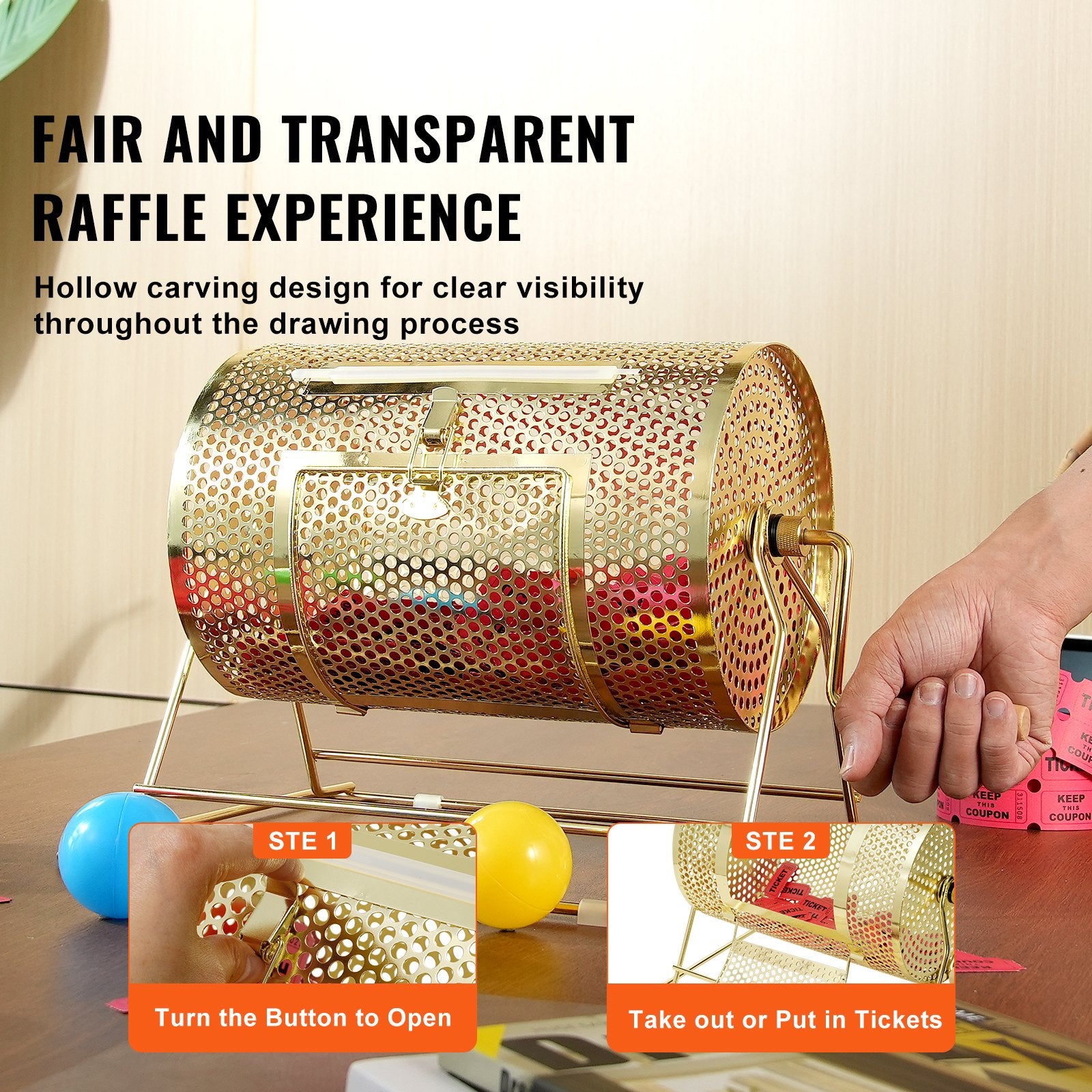 Raffle Drum, 11.6 x Ø7.48 inch Brass Plated Raffle Ticket Spinning Cage, Holds 2500 Tickets or 100 Ping Pong Balls, Metal Lottery Spinning Drawing with Wooden Turning Handle, for Bingo Ballot Pa