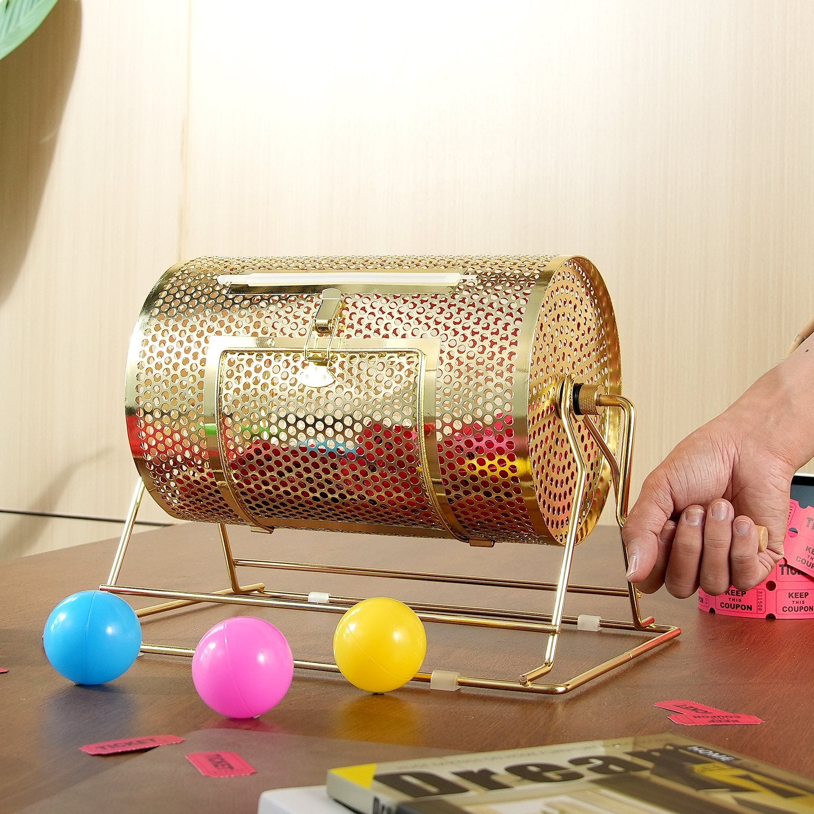 Raffle Drum, 11.6 x Ø7.48 inch Brass Plated Raffle Ticket Spinning Cage, Holds 2500 Tickets or 100 Ping Pong Balls, Metal Lottery Spinning Drawing with Wooden Turning Handle, for Bingo Ballot Pa