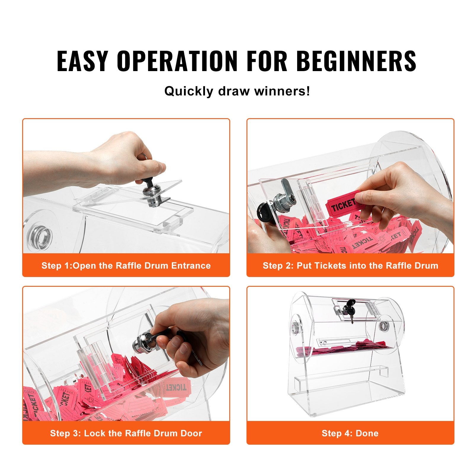 VEVOR Acrylic Raffle Drum, Holds 2500 Tickets or 100 Raffle Balls, Professional Raffle Ticket Spinning Cage with 2 Keys, Transparent Lottery Spinning Drawing, Raffle Ticket Box for Lottery Games Bingo