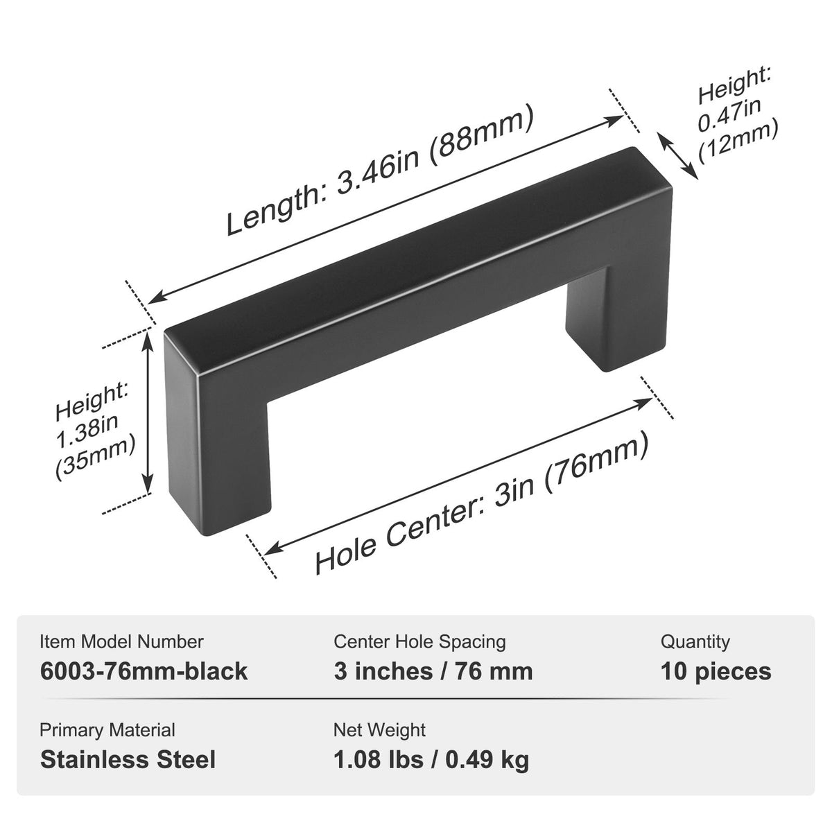 10 Pack Matte Black Cabinet Handles 76mm Drawer Pulls Stainless Steel Square