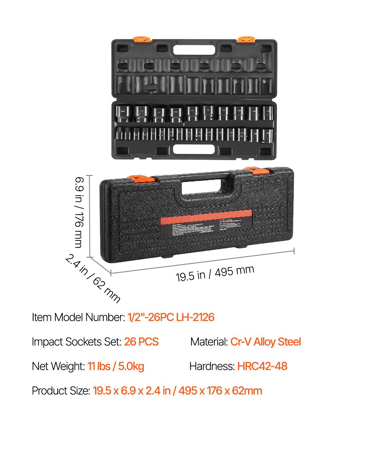 Impact Sockets Set 1/2 Inch Drive 26PCS Standard Length Impact Set 6-Point