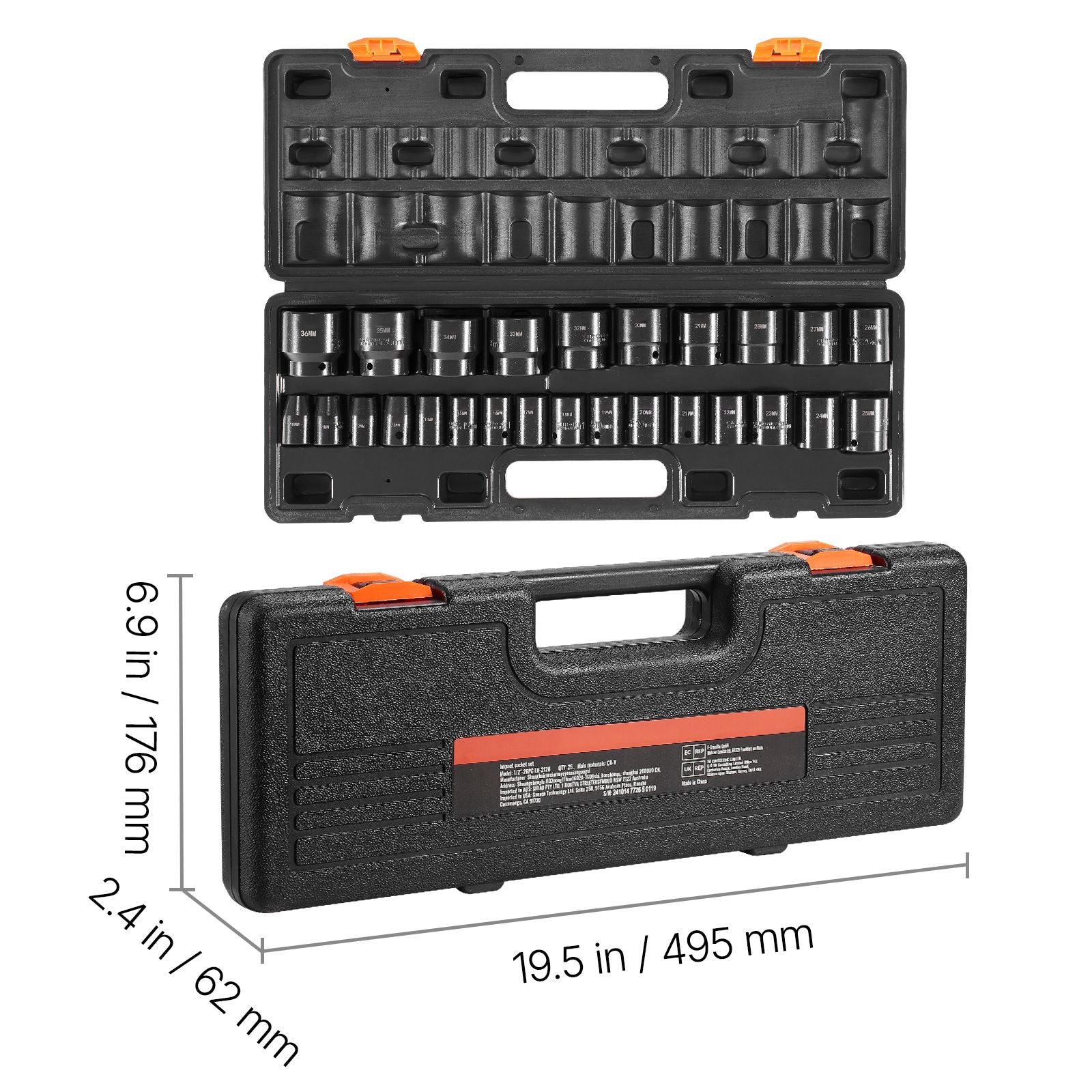 Impact Sockets Set 1/2 Inch Drive 26PCS Standard Length Impact Set 6-Point
