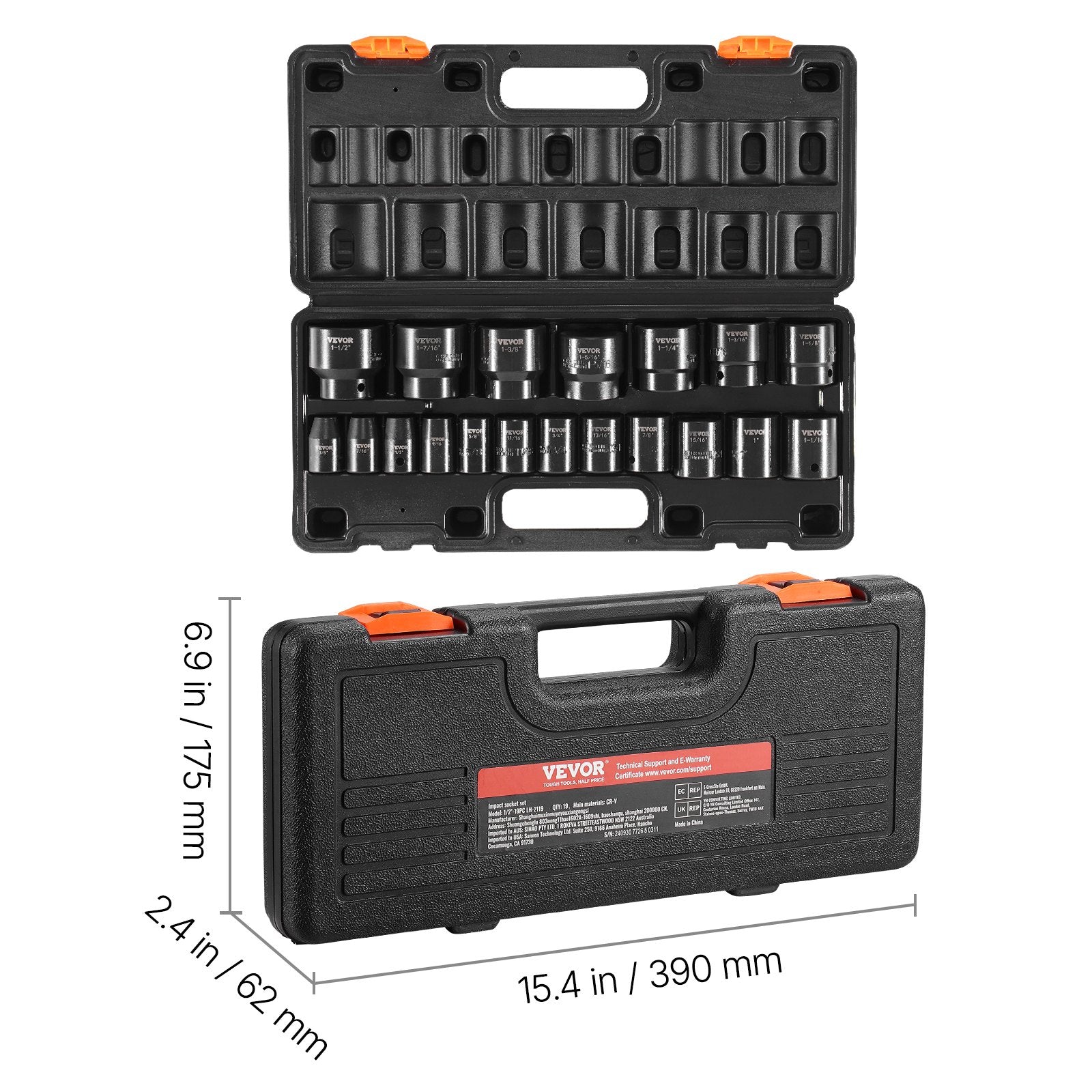 Impact Socket Set 1/2 Inches 19 Piece Impact Sockets, Standard Socket Assortment, 1/2 Inches Drive Socket Set Impact Standard SAE (3/8 Inches to 1-1/2 Inches) 6-point Hex Sockets