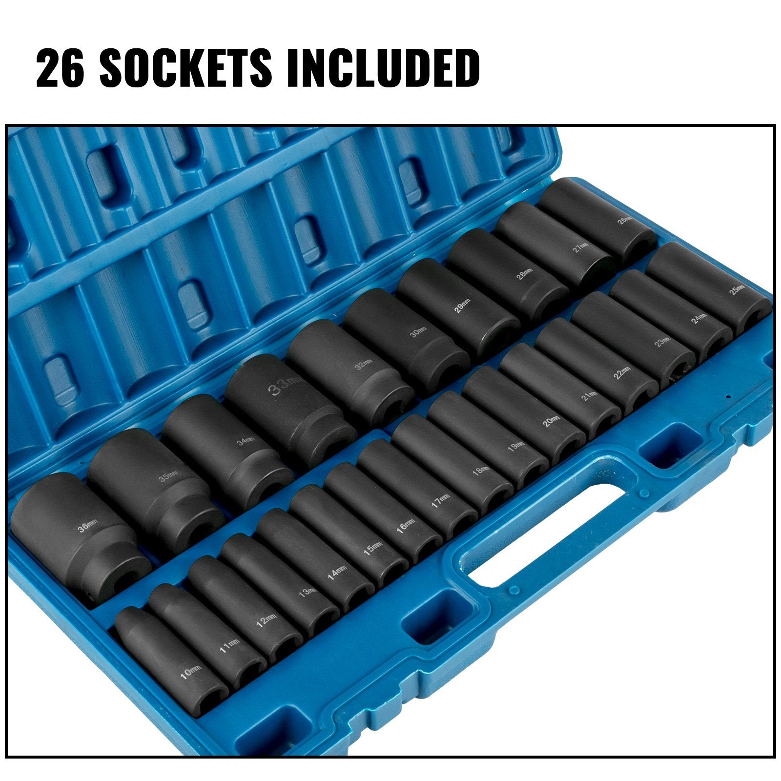 Impact Sockets Set 1/2 Inch Drive 26 PCS Metric 10mm - 36mm Deep 6-Point Set