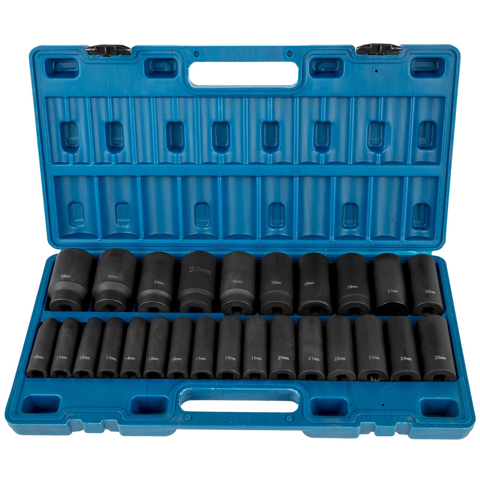 Impact Sockets Set 1/2 Inch Drive 26 PCS Metric 10mm - 36mm Deep 6-Point Set
