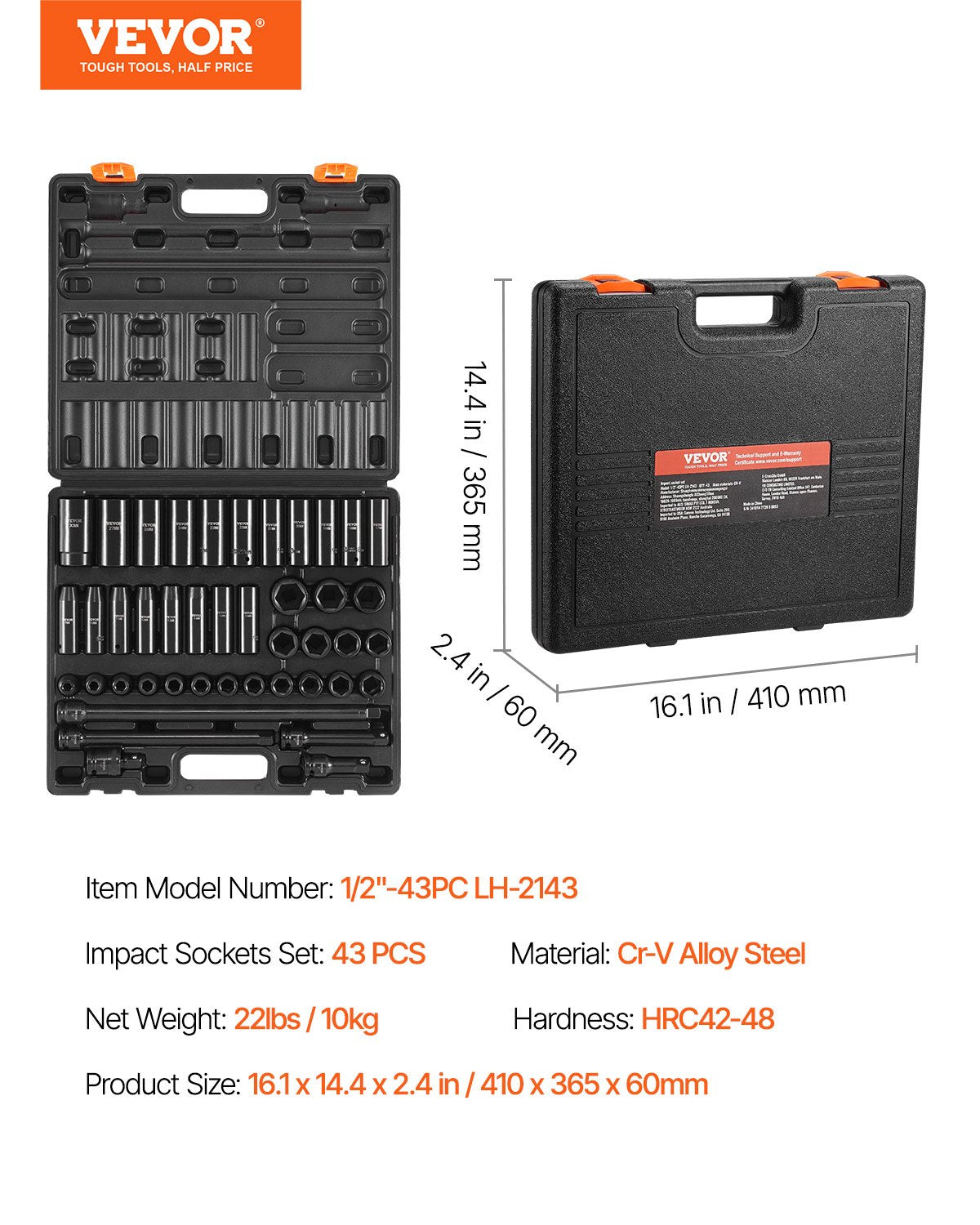 Impact Socket Set 43 Piece Impact Sockets, Standard Socket Assortment, Drive Socket Set 6-Point Sockets Metric 9-30mm (Standard/Deep)