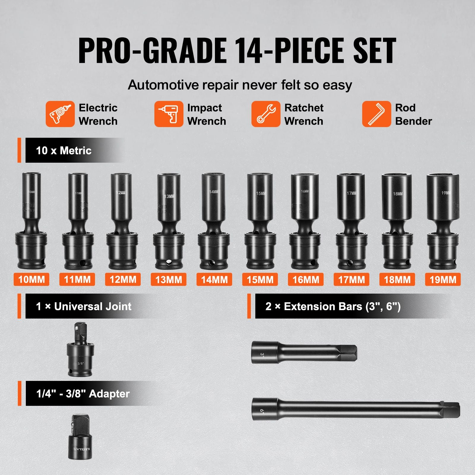 360 Degree Swivel Impact Sockets Set 14pcs 6-Point 3/8in Drive Socket Set