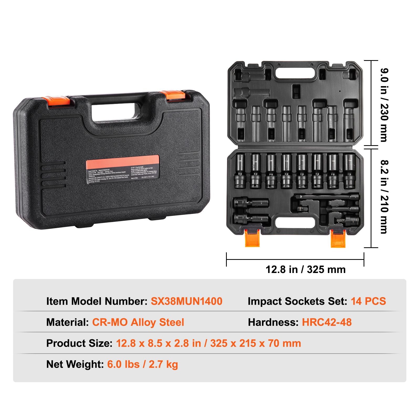 360 Degree Swivel Impact Sockets Set 14pcs 6-Point 3/8in Drive Socket Set