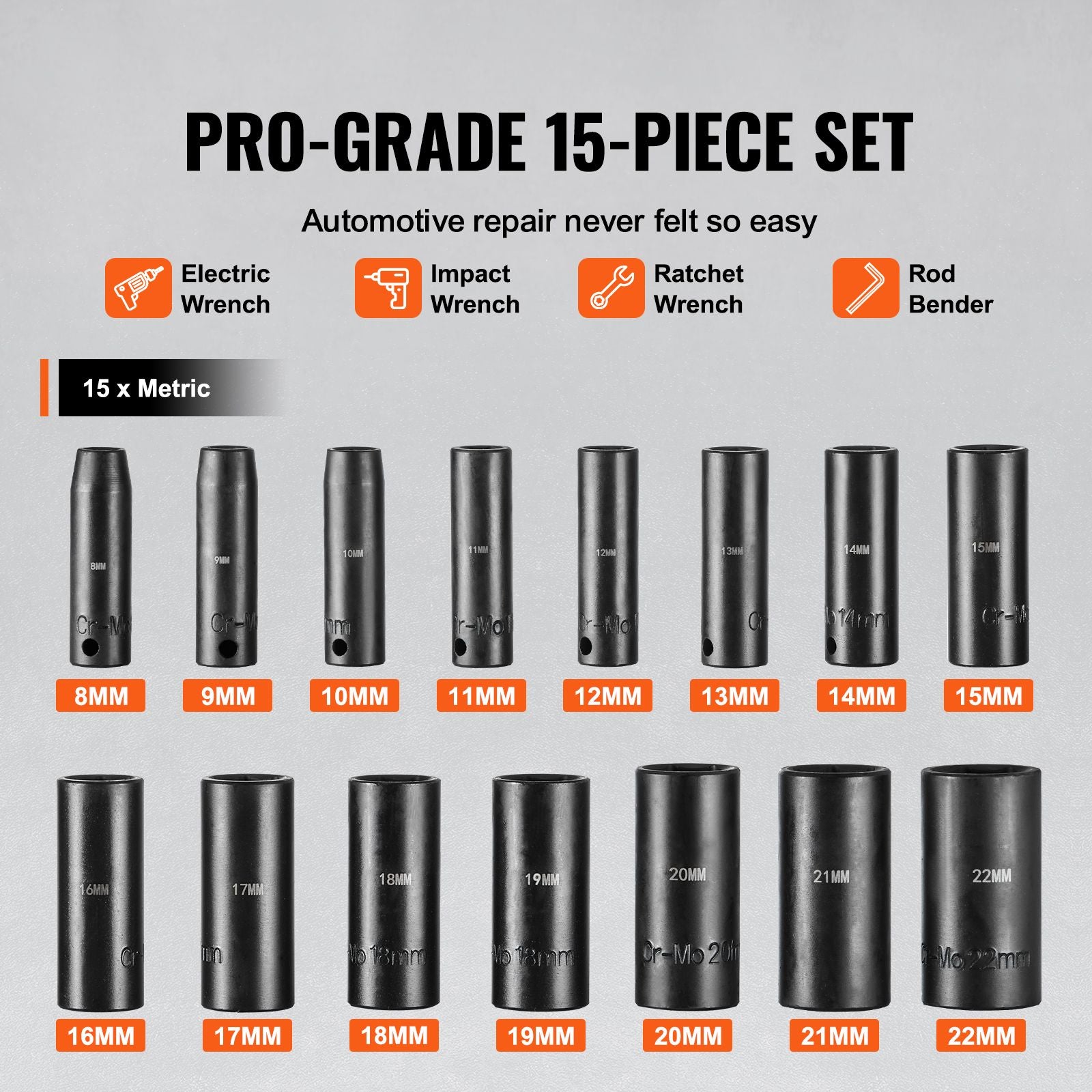 15pc 3/8" Drive Deep Impact Socket Set Metric 8-22mm Cr-Mo Steel