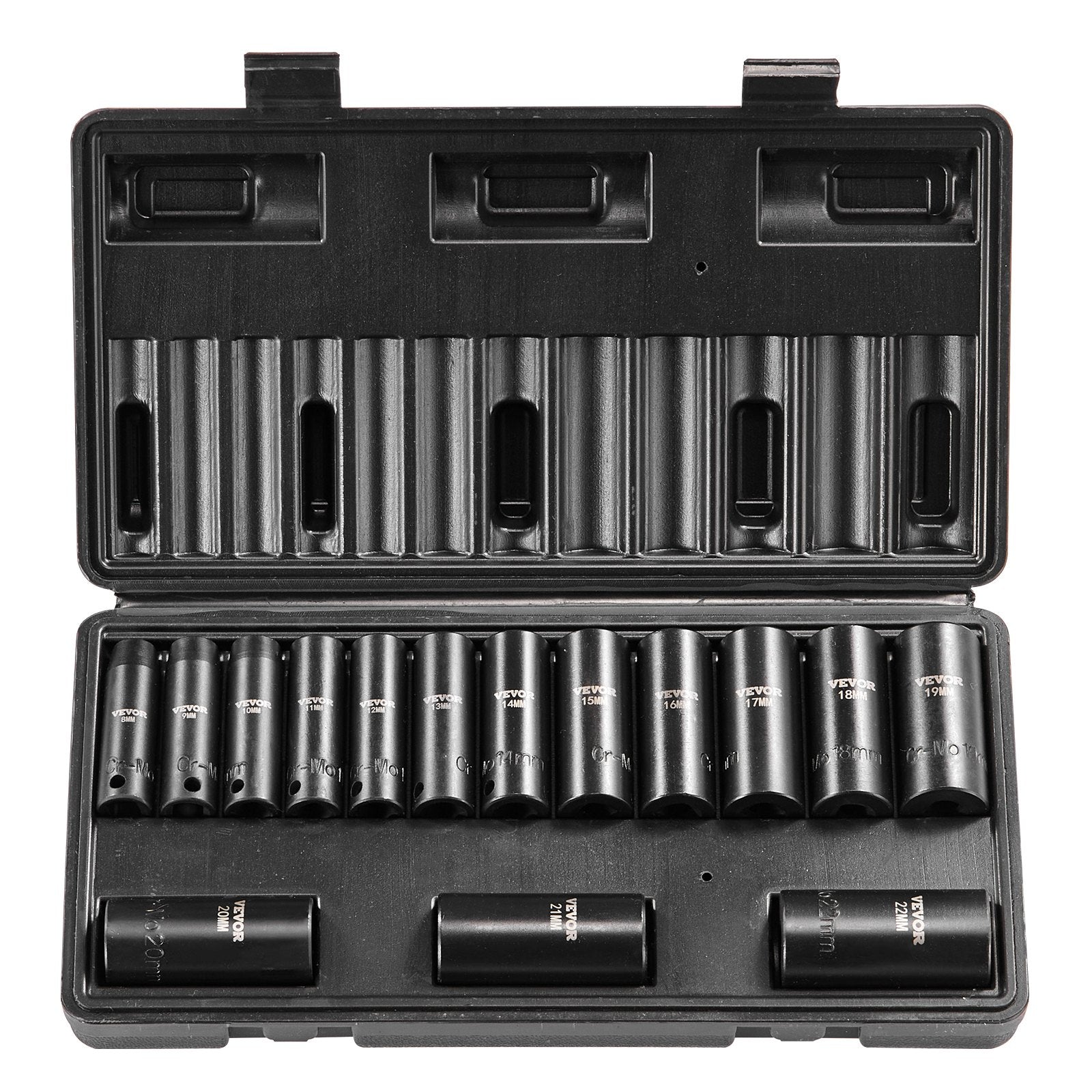 3/8" Drive Impact Socket Set, 15 Piece Deep Socket Set Metric 8-22mm, 6 Point Cr-Mo Alloy Steel for Auto Repair, Easy-to-Read Size Markings, Rugged Construction, Includes Storage Case