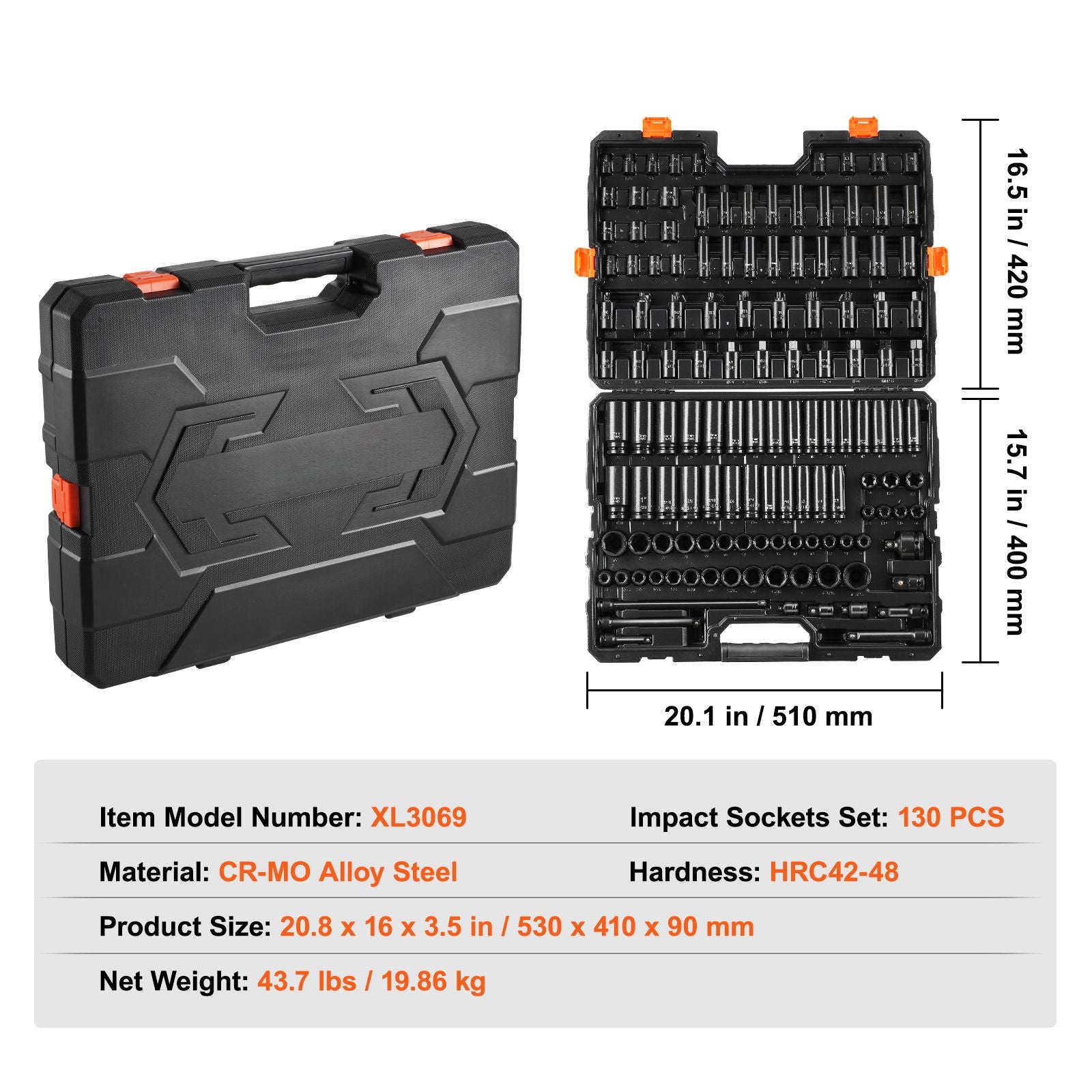 Impact Sockets Set 130PCS 6-Point 3/8