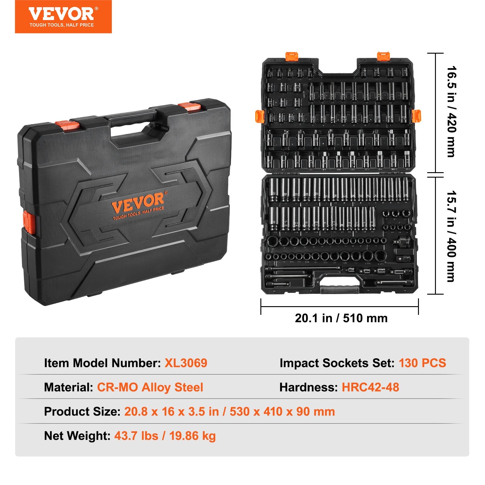 VEVOR Impact Sockets Set 130PCS 6-Point 3/8