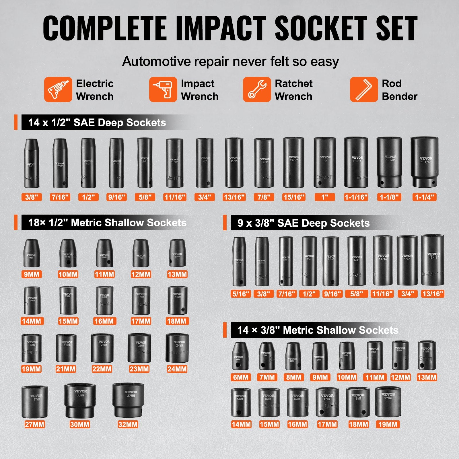 Impact Sockets Set 59pcs 6-Point 3/8