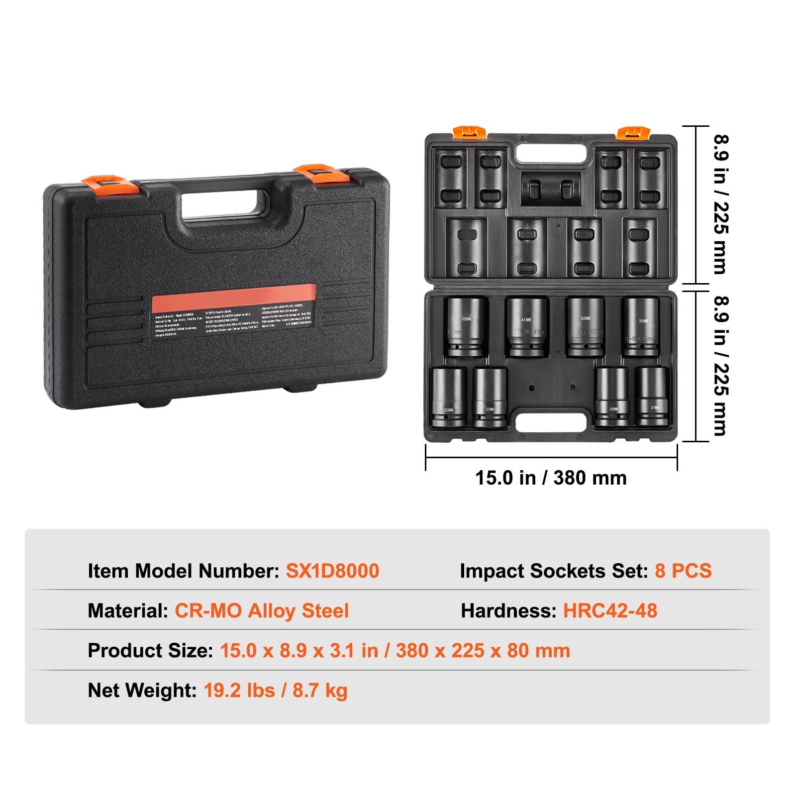 Impact Sockets Set 8pcs 6-Point 1