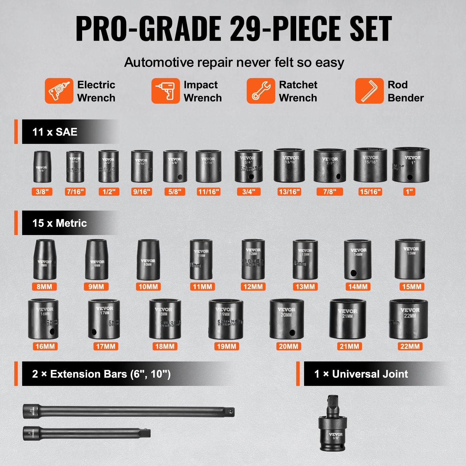 Impact Sockets Set 29pcs 6-Point 3/8in Drive Bit Ratchet Tool Kit Case