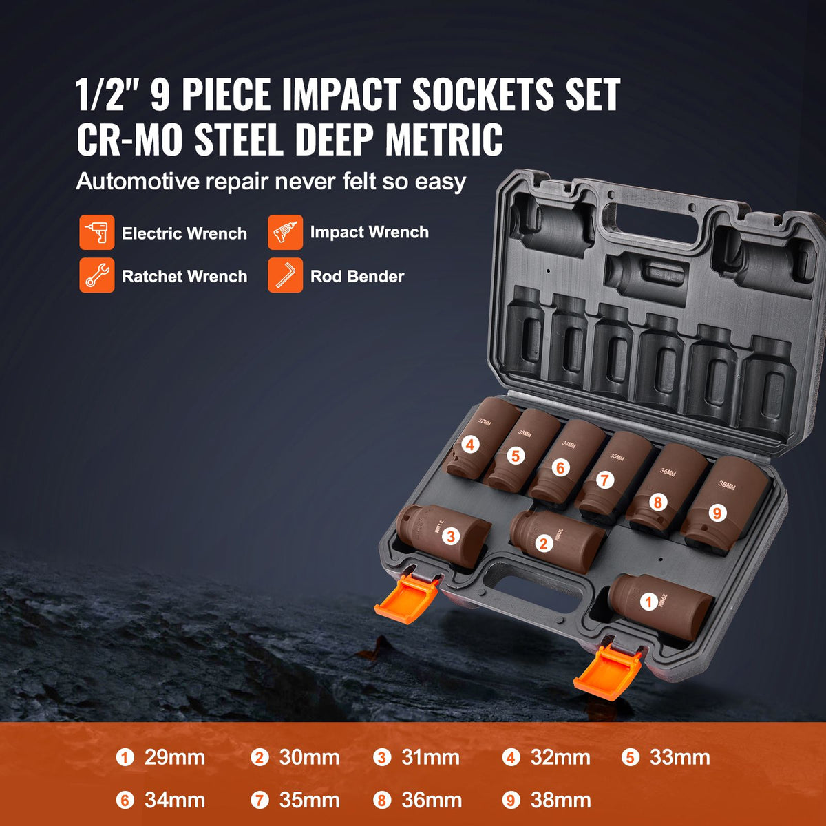 9-Piece Impact Socket Set, 1/2 Inch Drive 6-Point Metric Sockets with Case