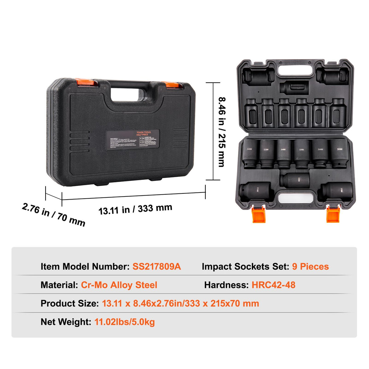 9-Piece Impact Socket Set, 1/2 Inch Drive 6-Point Metric Sockets with Case