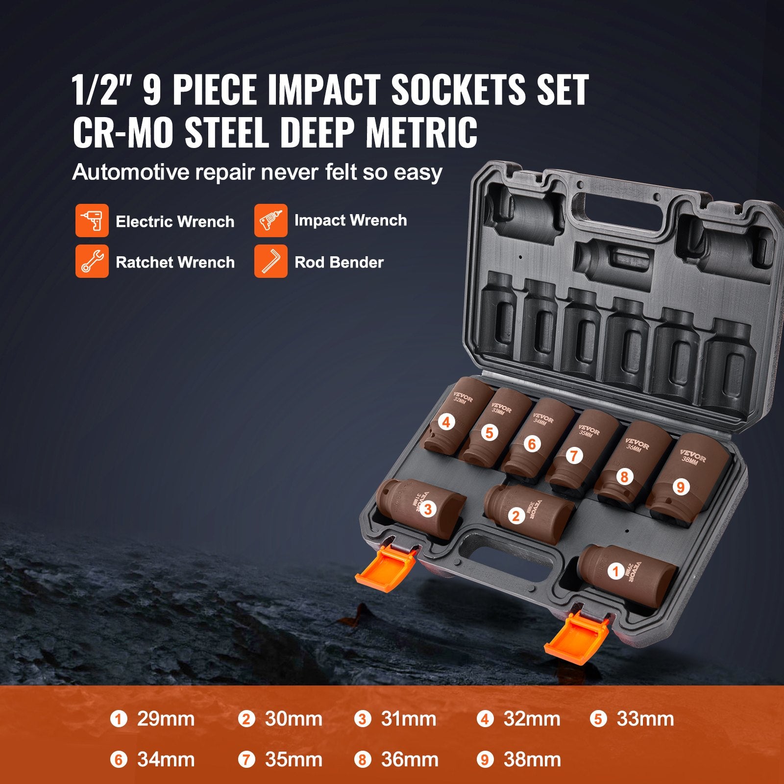 Impact Sockets Set 9pcs 6-Point 1/2in Metric Drive Bit Ratchet Tool Kit