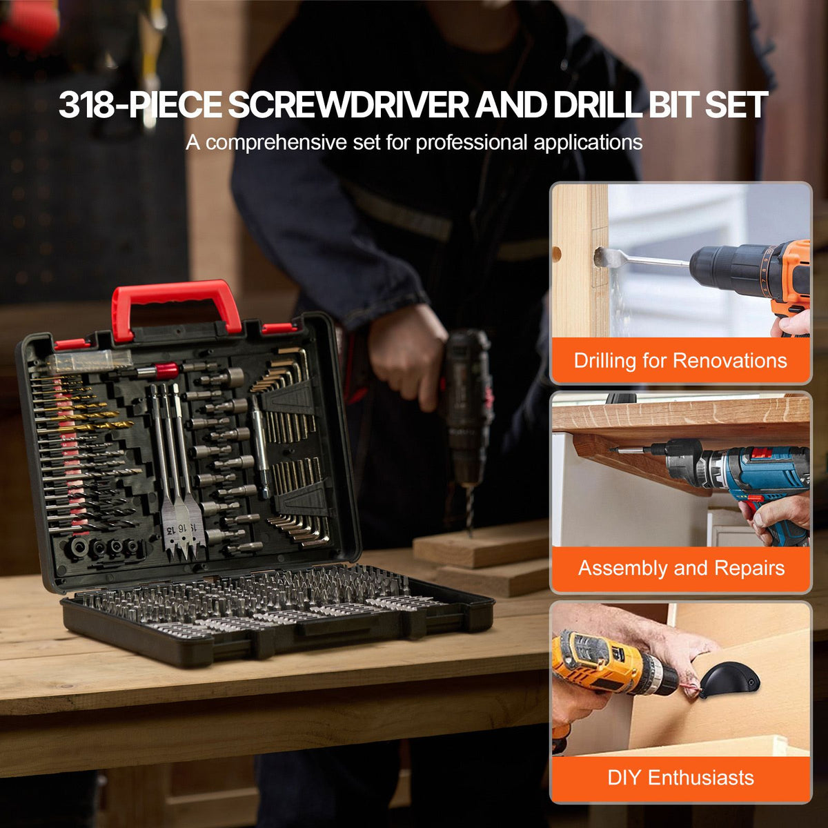 318 Piece Drill & Driver Bit Set, HSS Drill Bits & CR-V Screwdriver Bits, Case