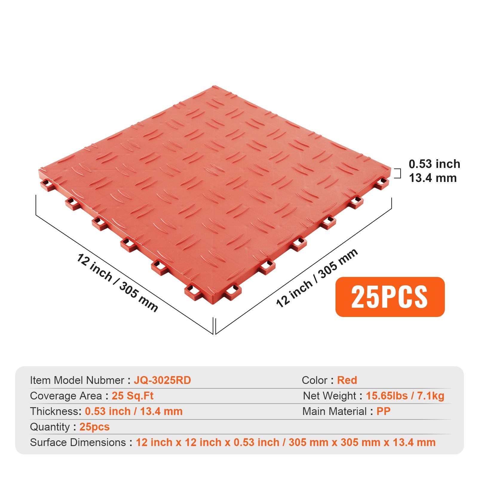 25 Pack Interlocking Garage Floor Tiles 12x12in Heavy Duty Non Slip Red