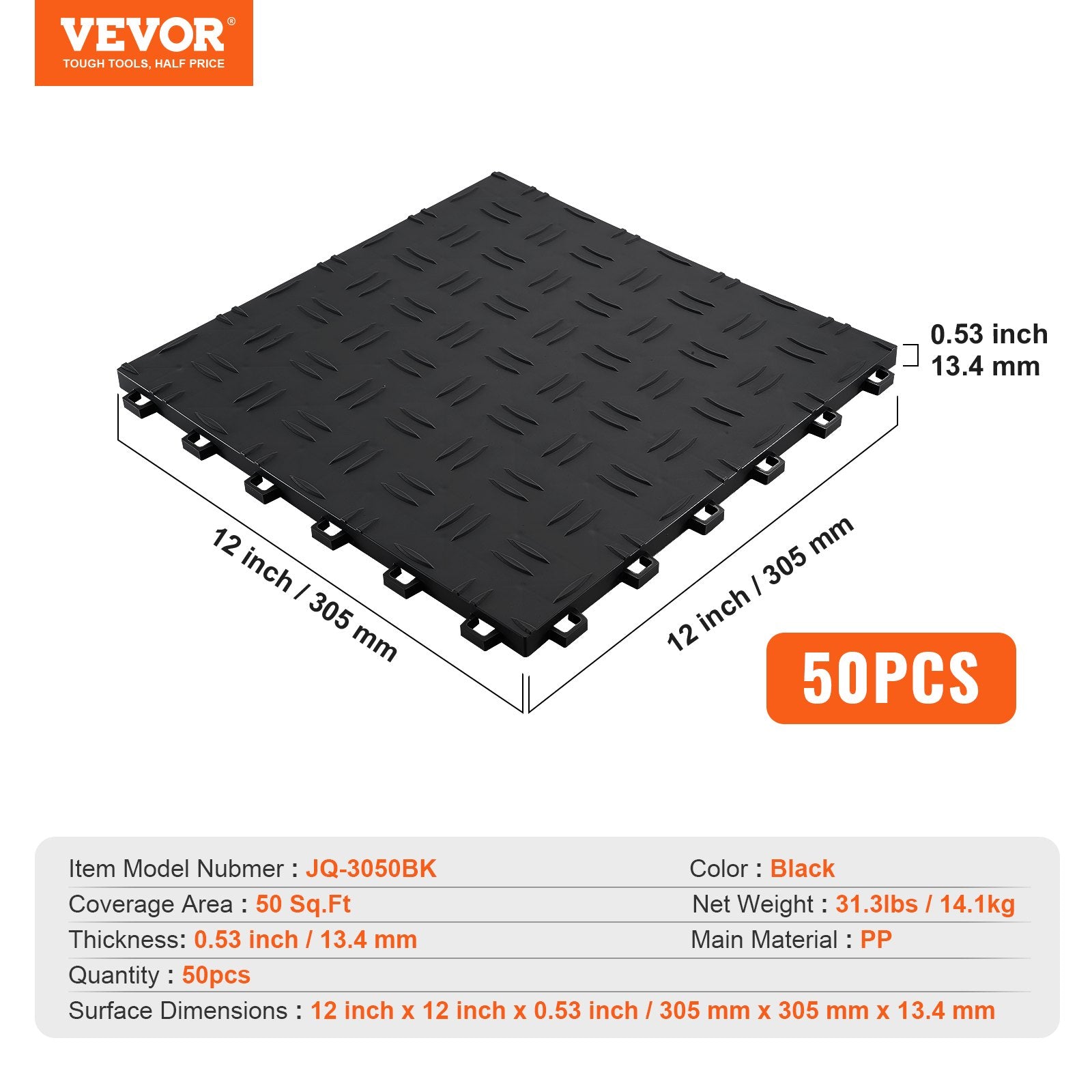 Garage Tiles Interlocking, 12 x 12 x 0.53 inch 50 Pack Garage Floor Covering Tiles, Non-Slip Double-Sided Texture Garage Flooring Tiles, for Garages, Basements, Repair Shops, Black