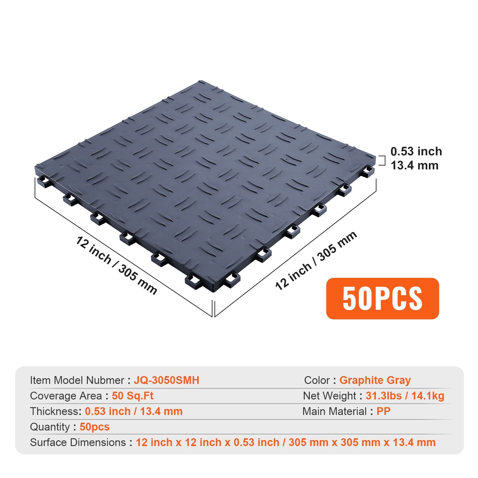 Garage Tiles Interlocking, 12 x 12 x 0.53 inch 50 Pack Garage Floor Covering Tiles, Non-Slip Double-Sided Texture Garage Flooring Tiles, for Garages, Basements, Repair Shops, Graphite Gray
