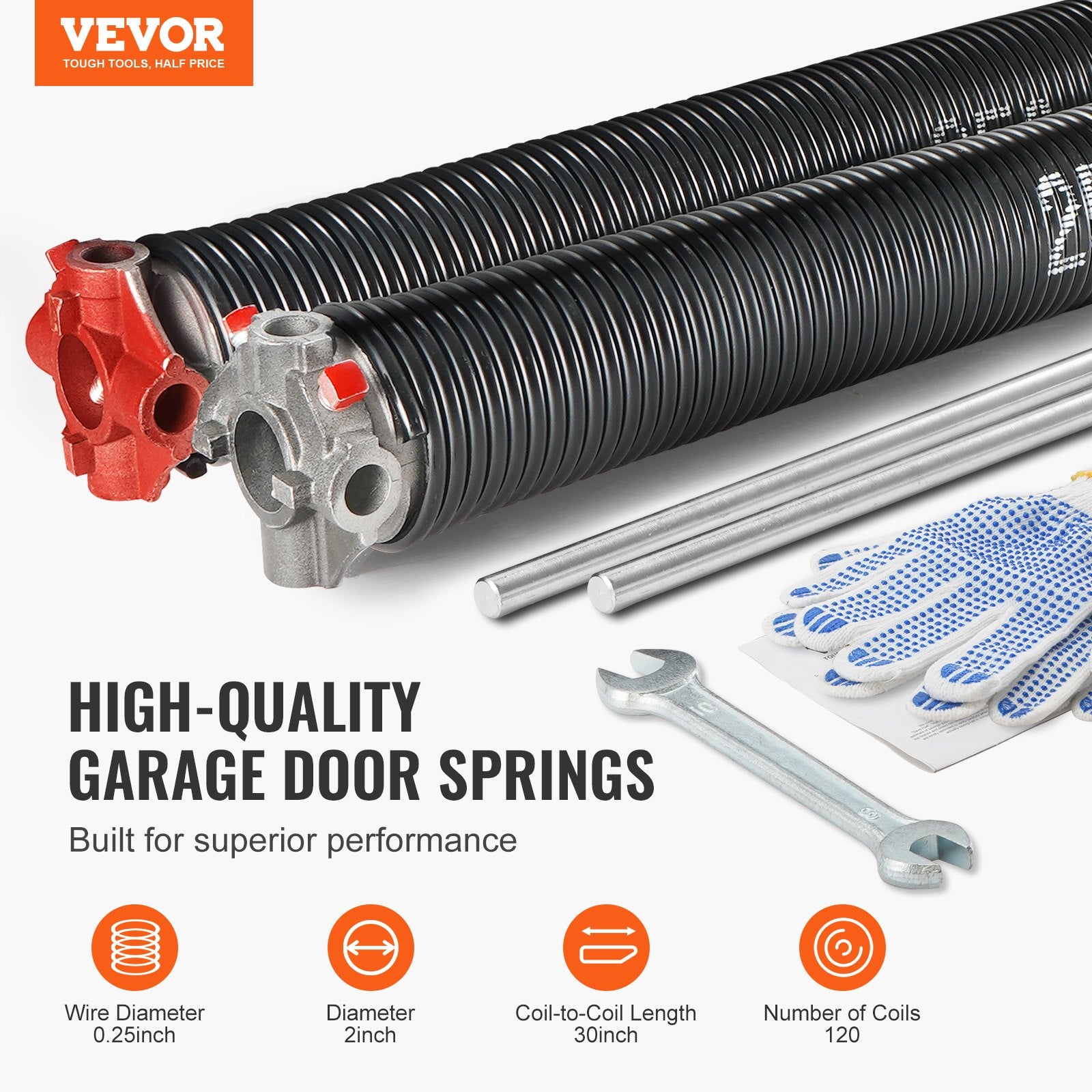 Garage Door Torsion Springs, 16000 Cycles, Pair of 0.25 x 2 x 30inch, Garage Door Springs with Non-Slip Winding Bars, Mounting Tool and Gloves, Electrophoresis Coated, for Replacement