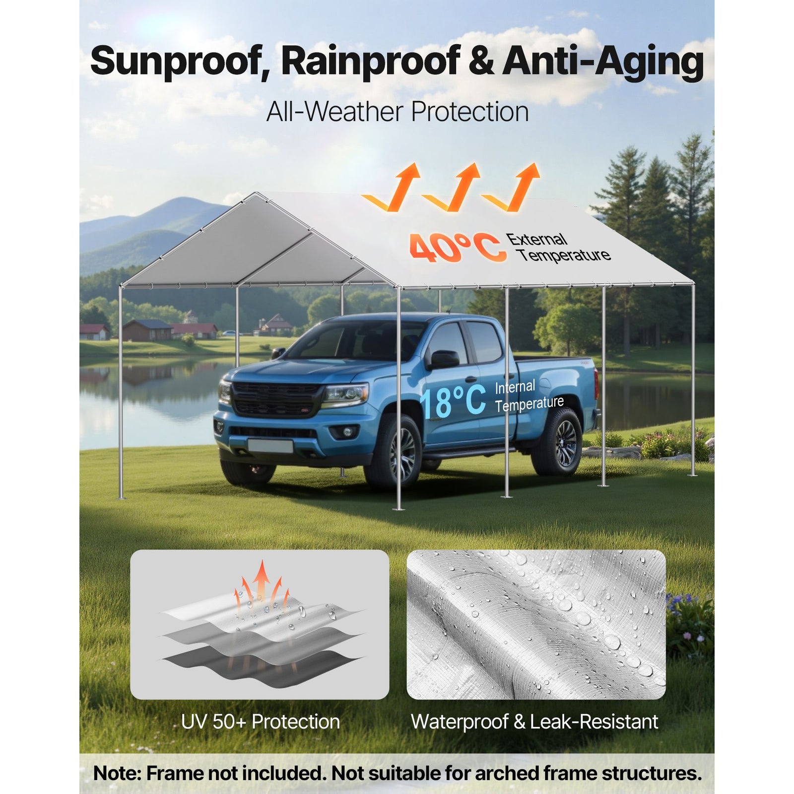 6x3m Carport Replacement Canopy Cover UV Waterproof Garage Tarp Grey