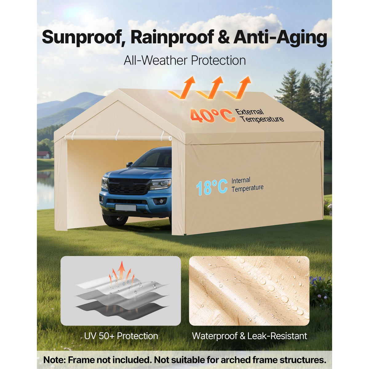 6x3m Carport Replacement Canopy Cover Waterproof UV Resistant Garage Tarp