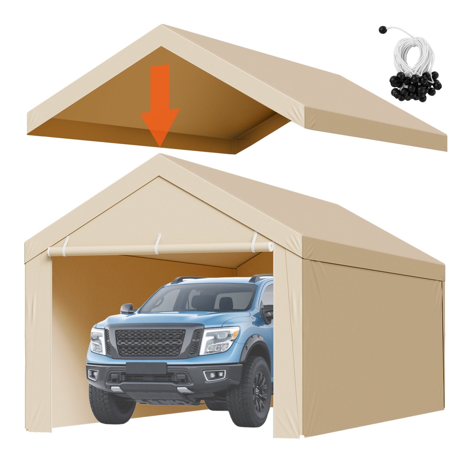 Carport Replacement Canopy, 6 x 3 m Potable Garage Tent Top Tarp with Sidewalls, UV-Resistant & Waterproof, Heavy Duty Car Shelter Tarp with Ball Buggees, Beige, Frame Not Included