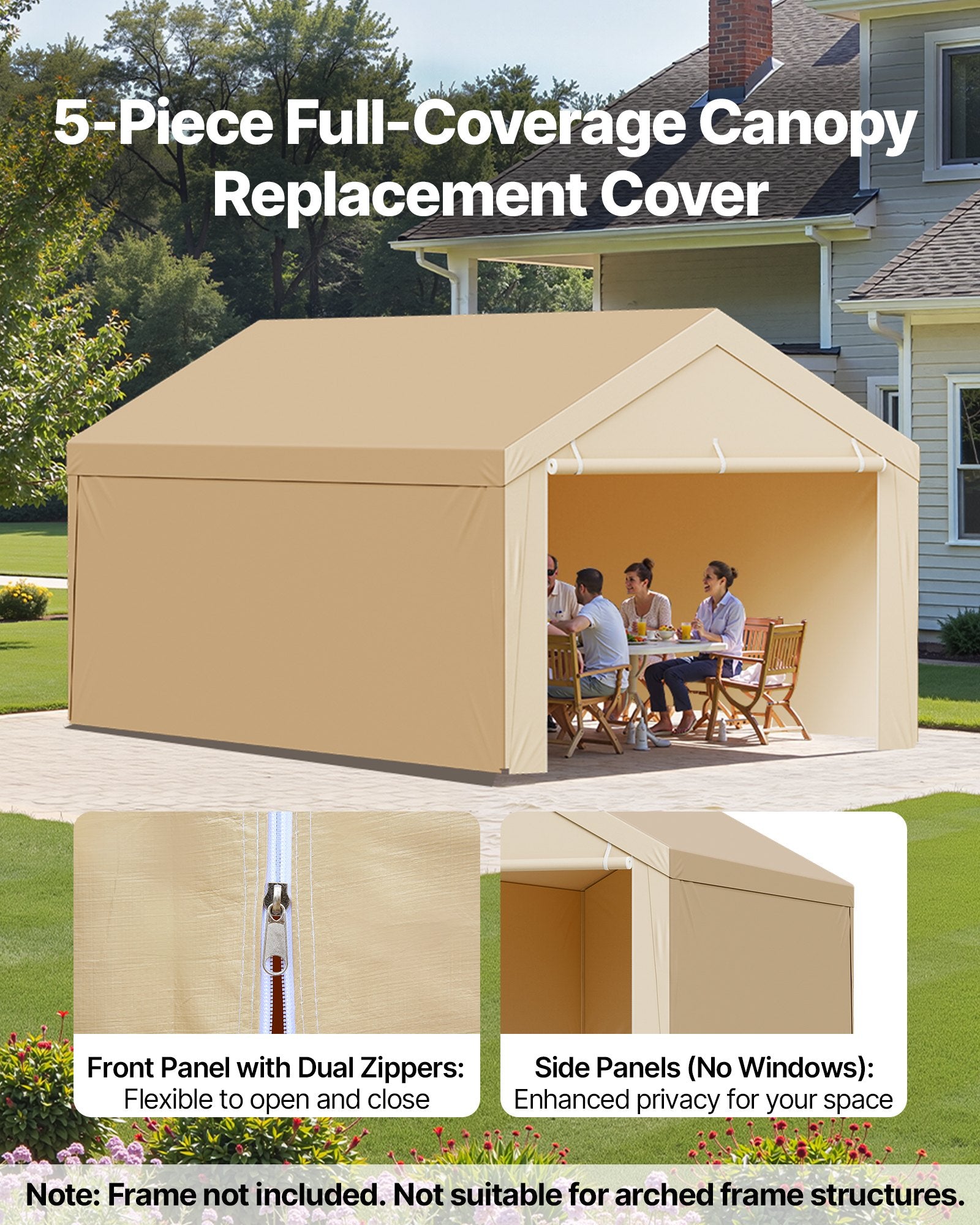 Carport Replacement Canopy, 6 x 3 m Potable Garage Tent Top Tarp with Sidewalls, UV-Resistant & Waterproof, Heavy Duty Car Shelter Tarp with Ball Buggees, Beige, Frame Not Included